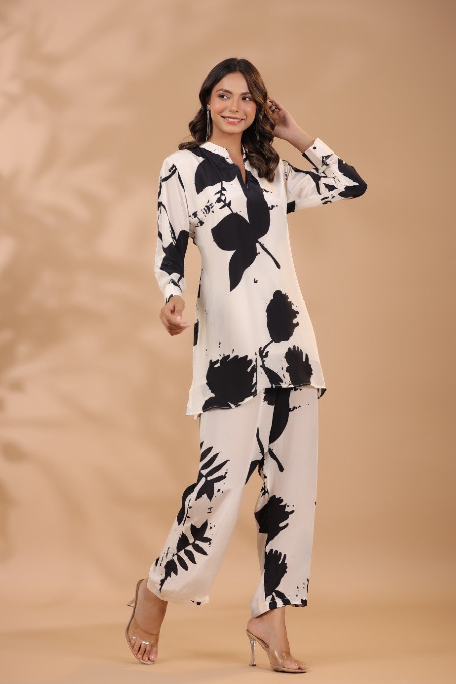 SummerFalling-Black & White Printed Crepe Silk Co-ord Set