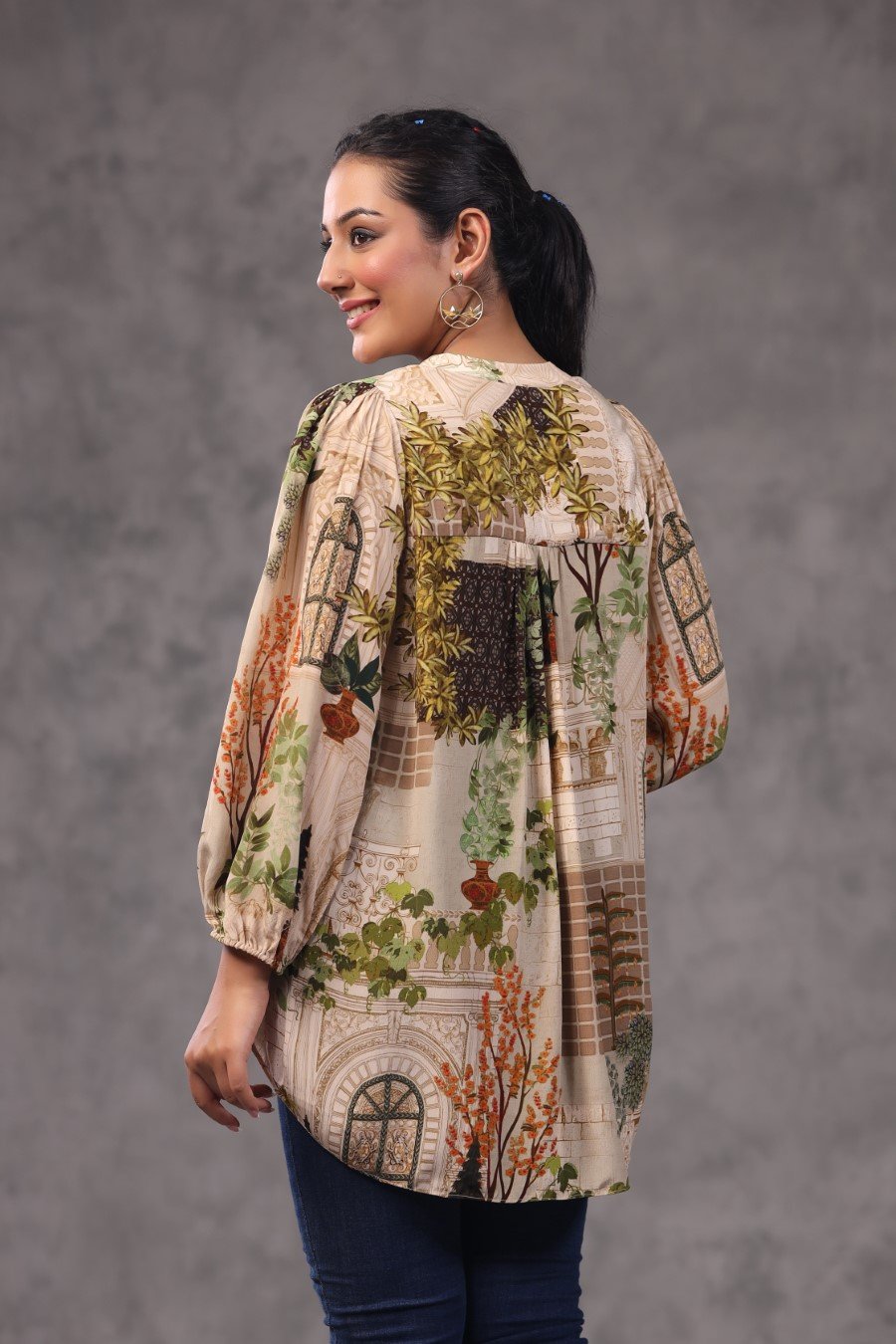 SummerFalling-Beige Digital Printed Italian Crepe Top
