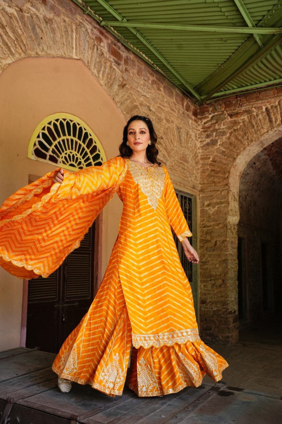 SummerFalling-Amber Yellow Leheriya Embroidered Sharara Set
