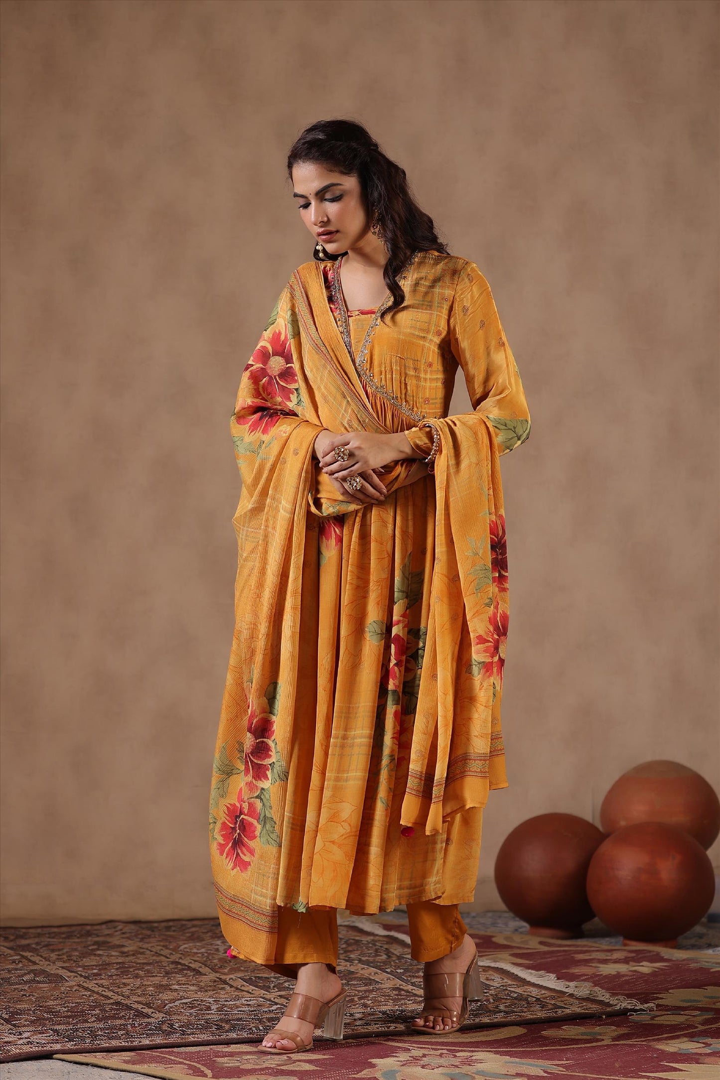 SummerFalling-Amber Yellow Floral Printed Crepe Silk Anarkali Set
