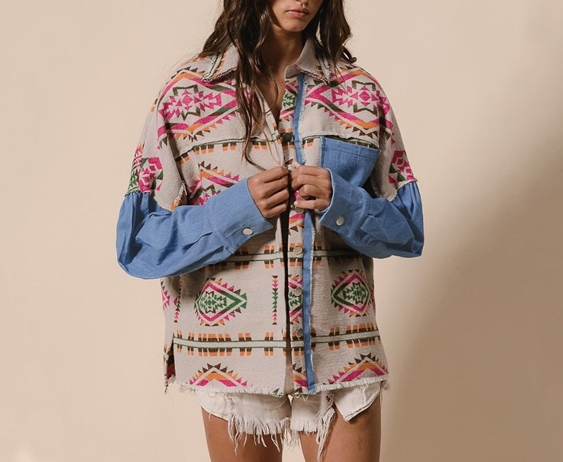 Aztec Print Denim Patchwork Woolen Frayed Edge Vintage Jacket