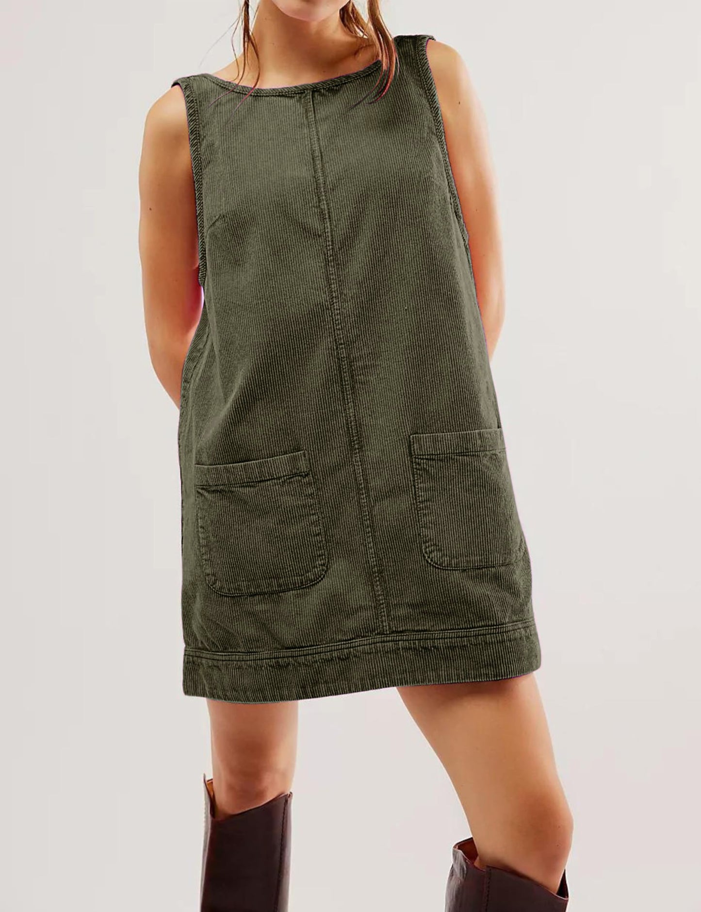 Corduroy Overall Dress For Women Round Neck Skirtall Jumper A Line Mini Romper Pinafore With Pockets