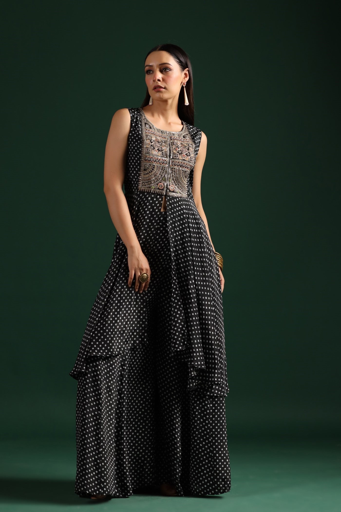 SummerFalling-Black Bandhani Embroidered Tunic & Palazzo