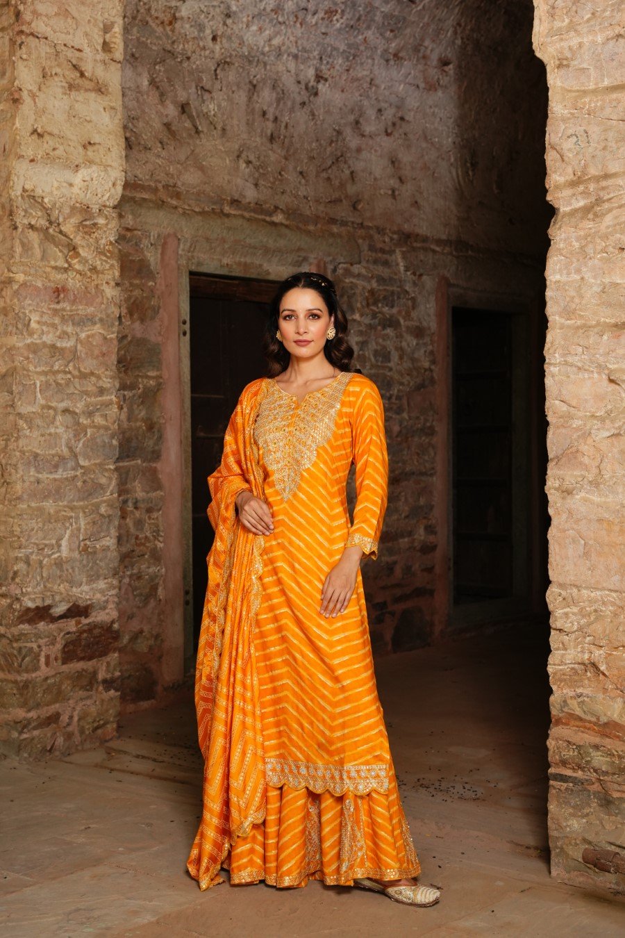 SummerFalling-Amber Yellow Leheriya Embroidered Sharara Set