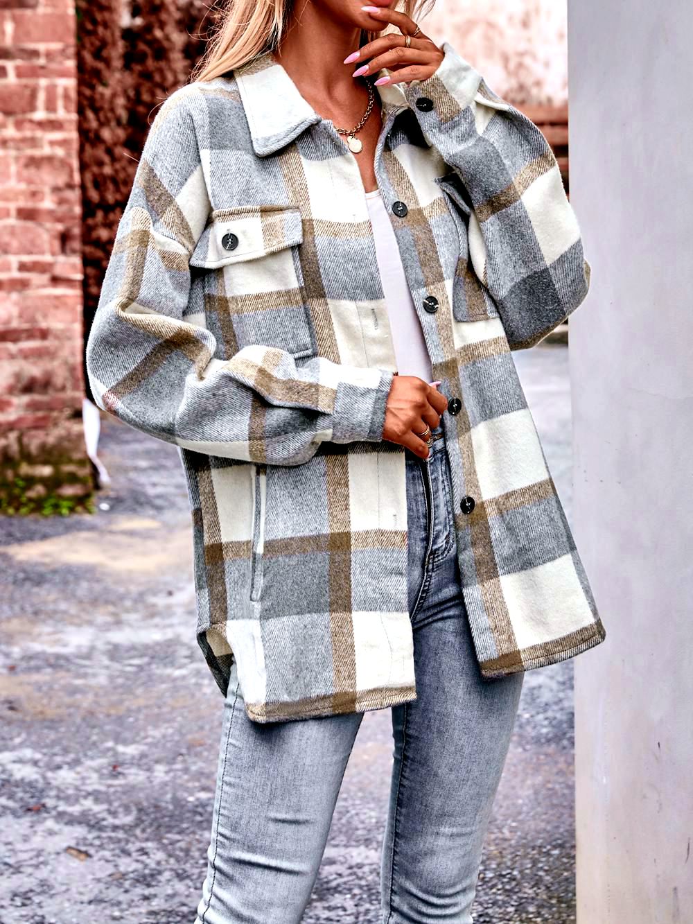 Womens Casual Plaid Jacket Oversized Button Down Long Sleeve Coat Tops