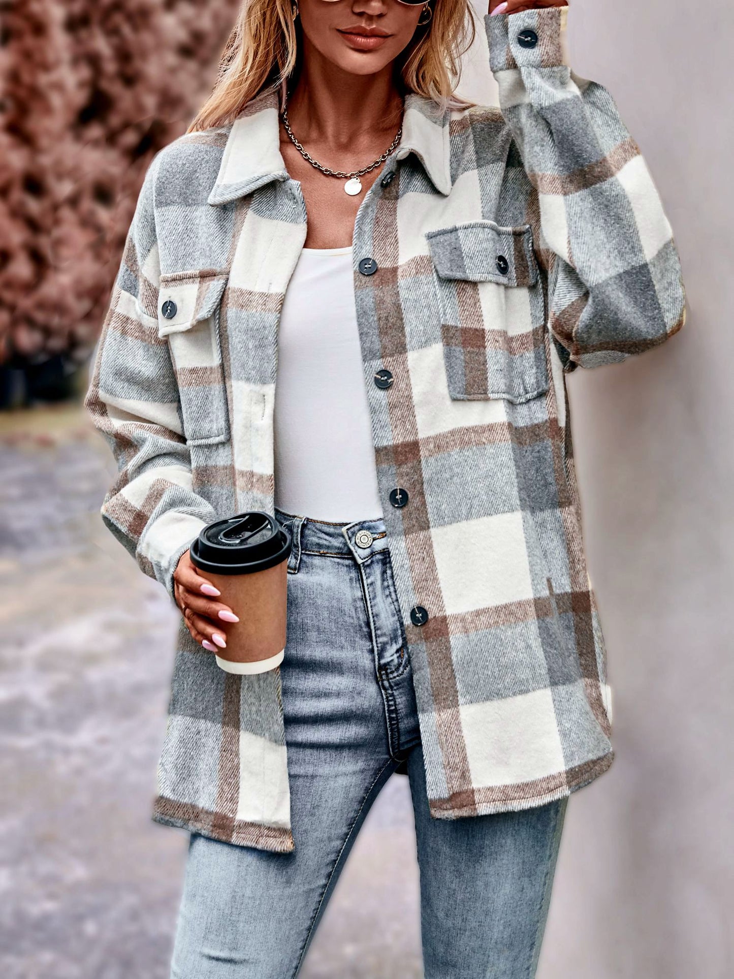 Womens Casual Plaid Jacket Oversized Button Down Long Sleeve Coat Tops
