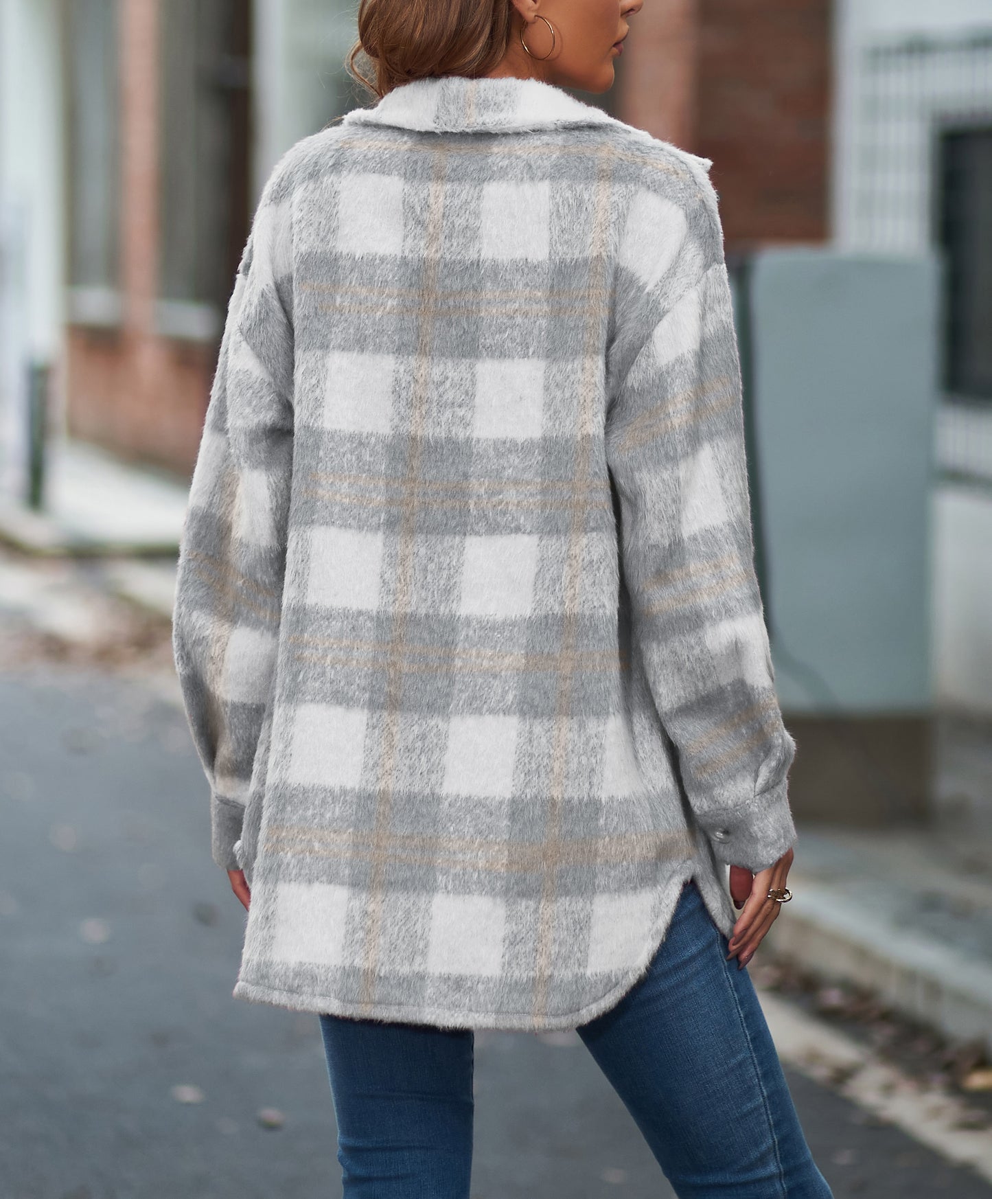 Women's Long Sleeve Mohair Woolen Thermal Shirt Jacket Plaid Fashion Cute Soft Outerwear