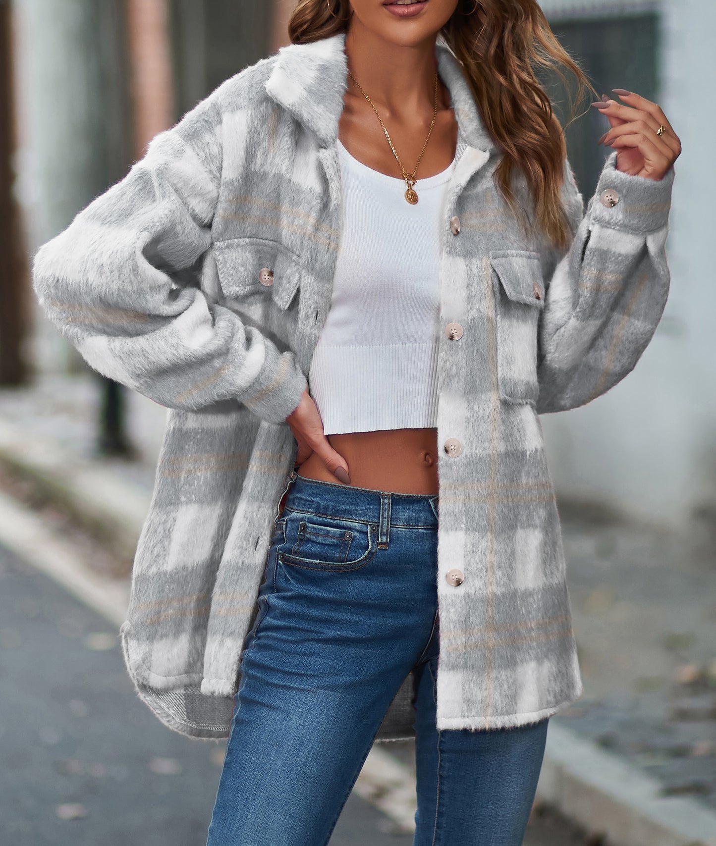 Women's Long Sleeve Mohair Woolen Thermal Shirt Jacket Plaid Fashion Cute Soft Outerwear