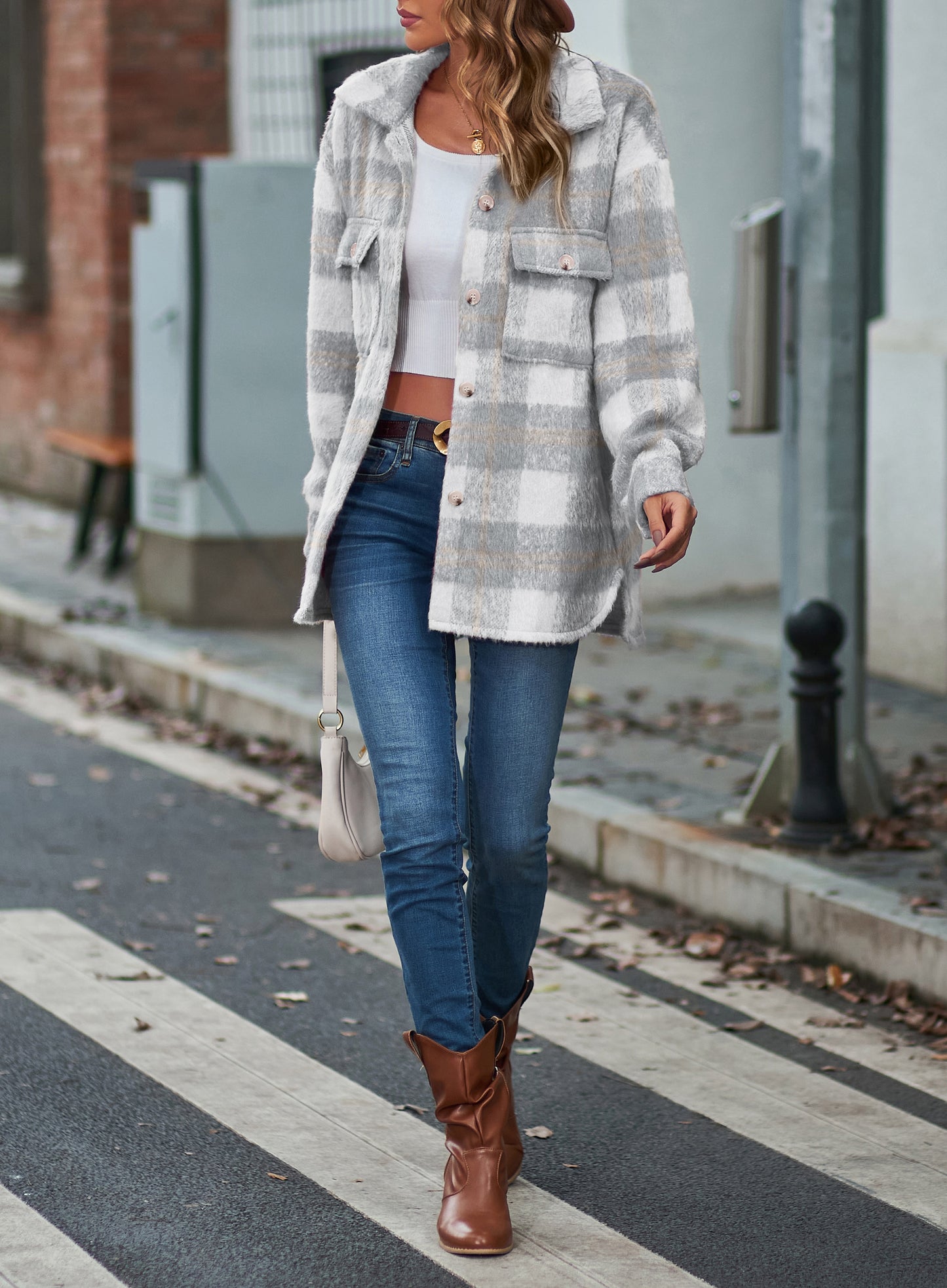 Women's Long Sleeve Mohair Woolen Thermal Shirt Jacket Plaid Fashion Cute Soft Outerwear
