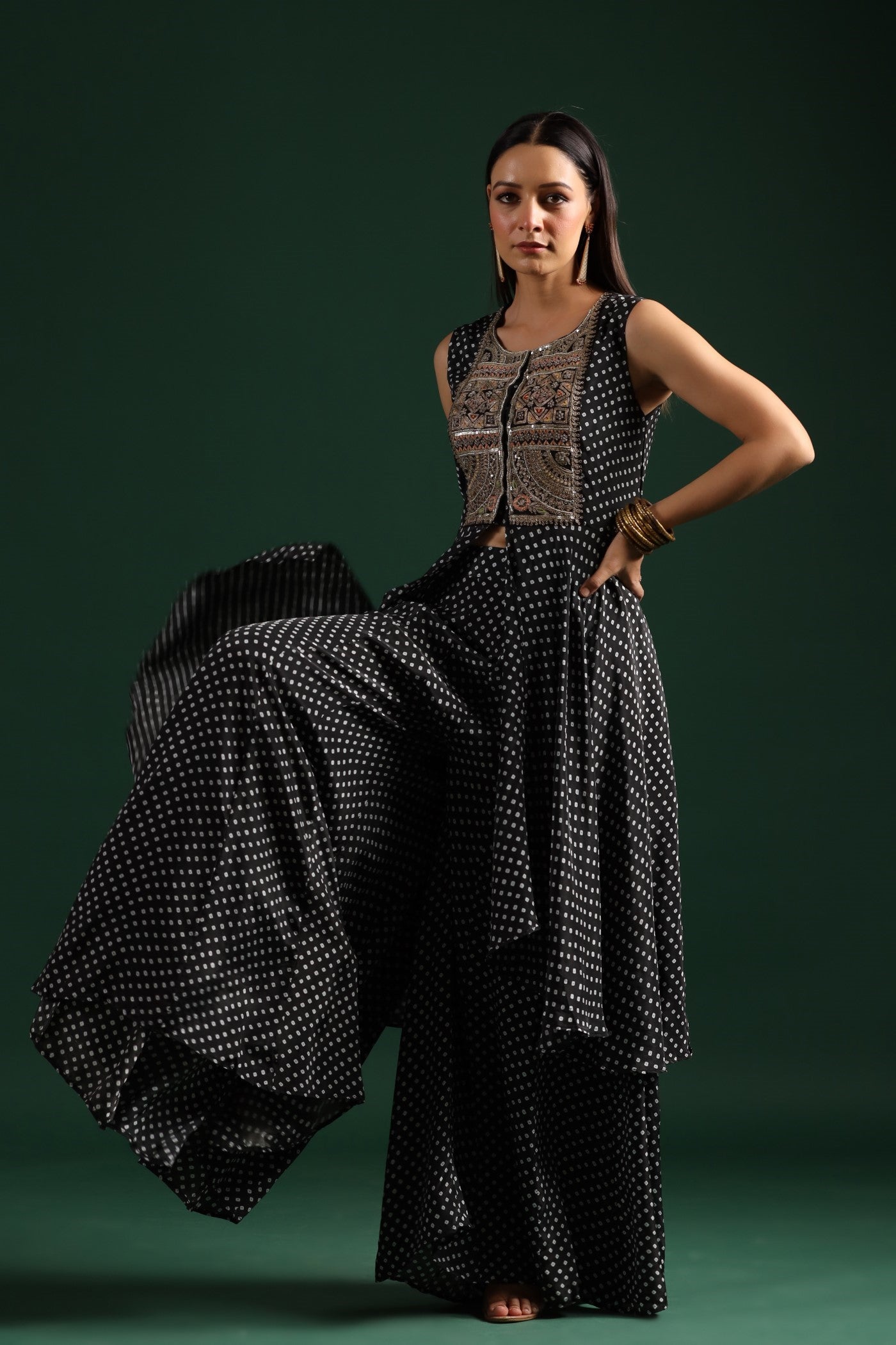 SummerFalling-Black Bandhani Embroidered Tunic & Palazzo