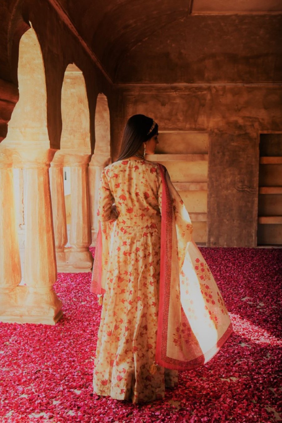 SummerFalling-Beige Ethnic Embellished Anarkali Set with Dupatta