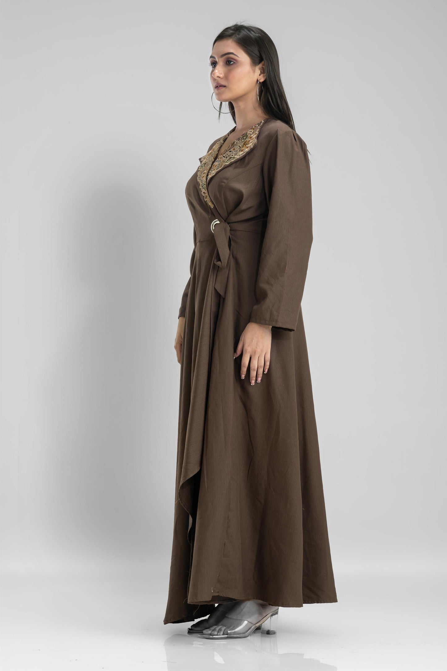 SummerFalling-Ash Brown Embellished Belgium Silk Draped Dress