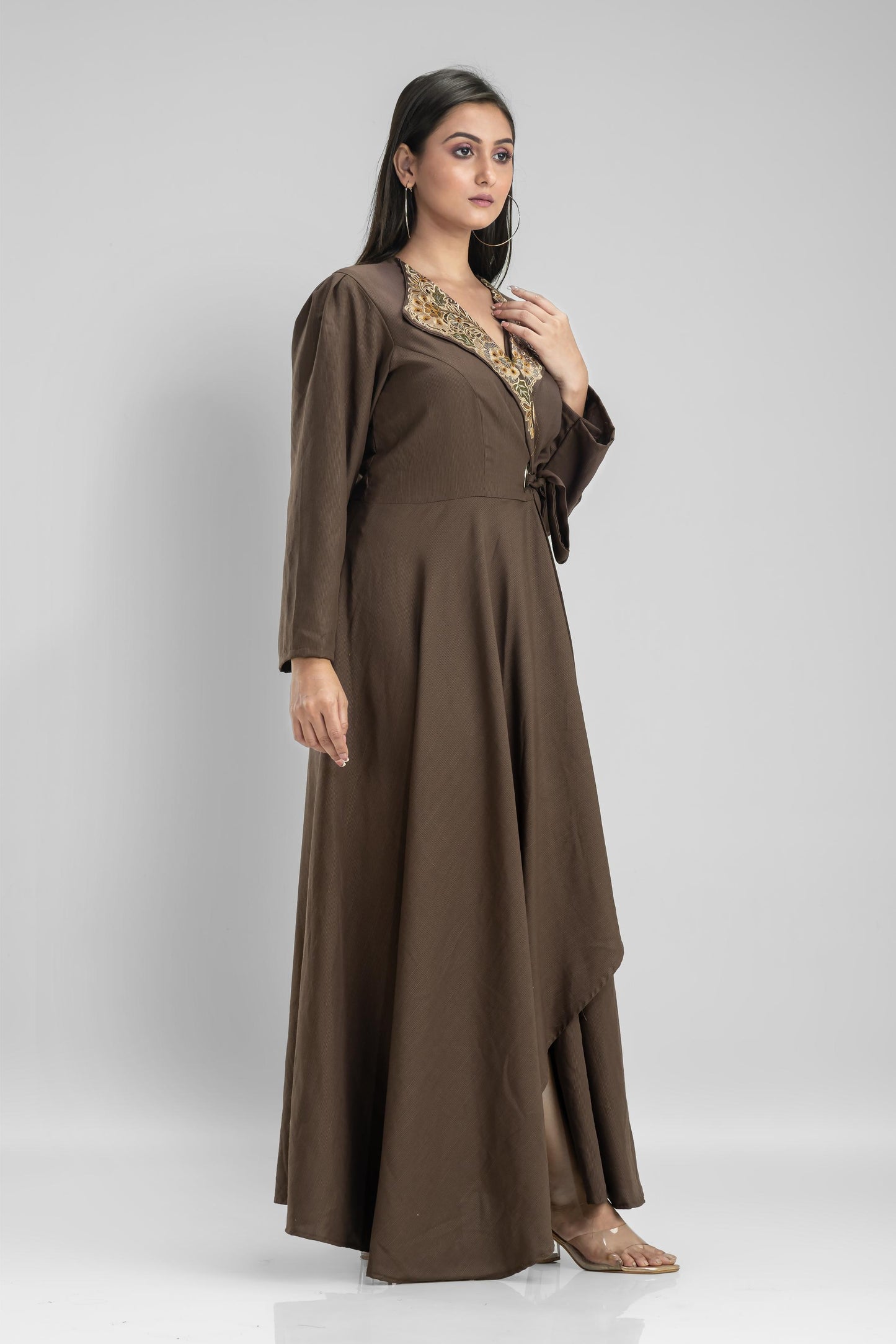 SummerFalling-Ash Brown Embellished Belgium Silk Draped Dress