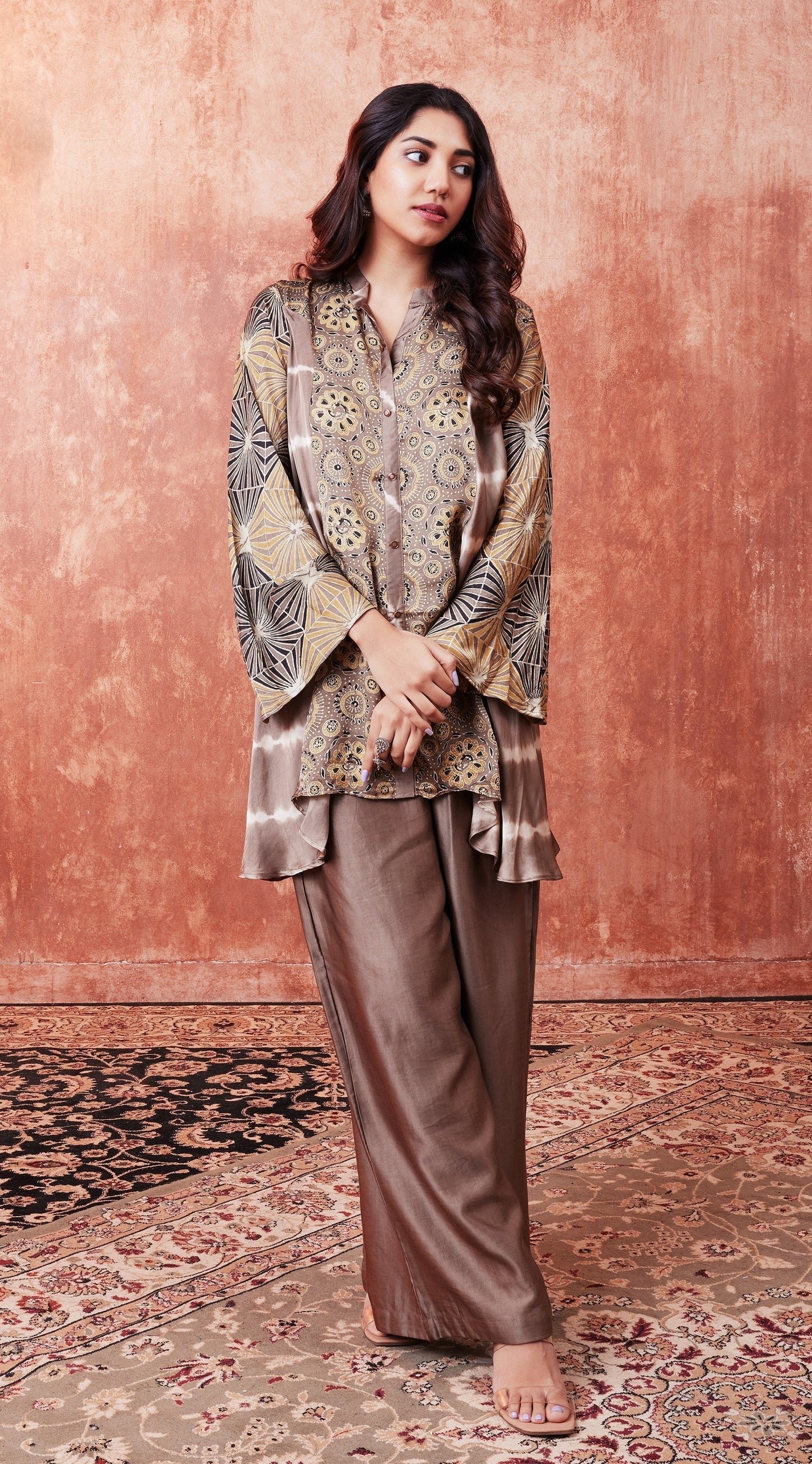 SummerFalling-Beige Ajrakh Printed Habutai Silk Kurta Palazzo Set