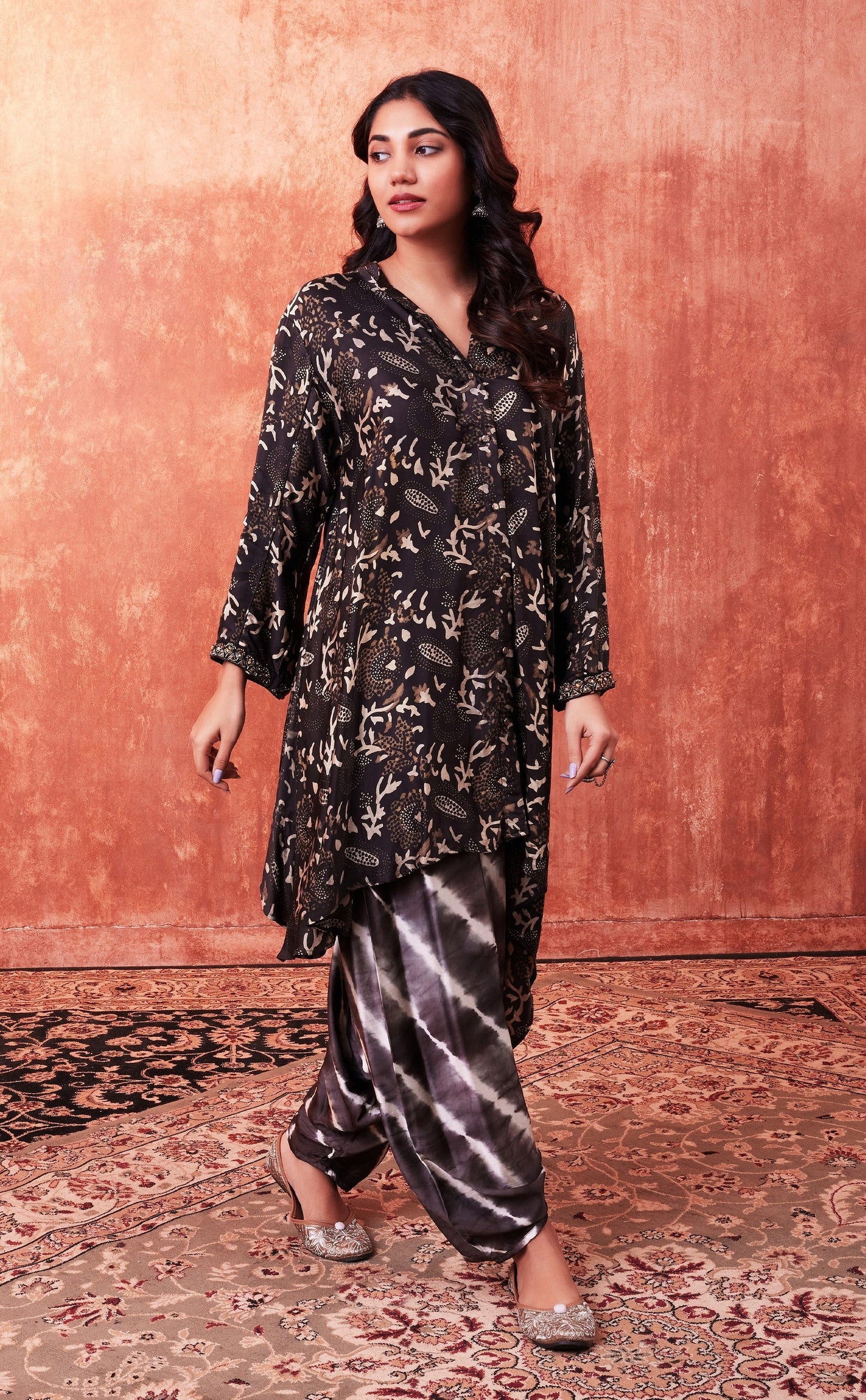 SummerFalling-Black Ajrakh Printed Habutai Silk Kurta Salwar Set