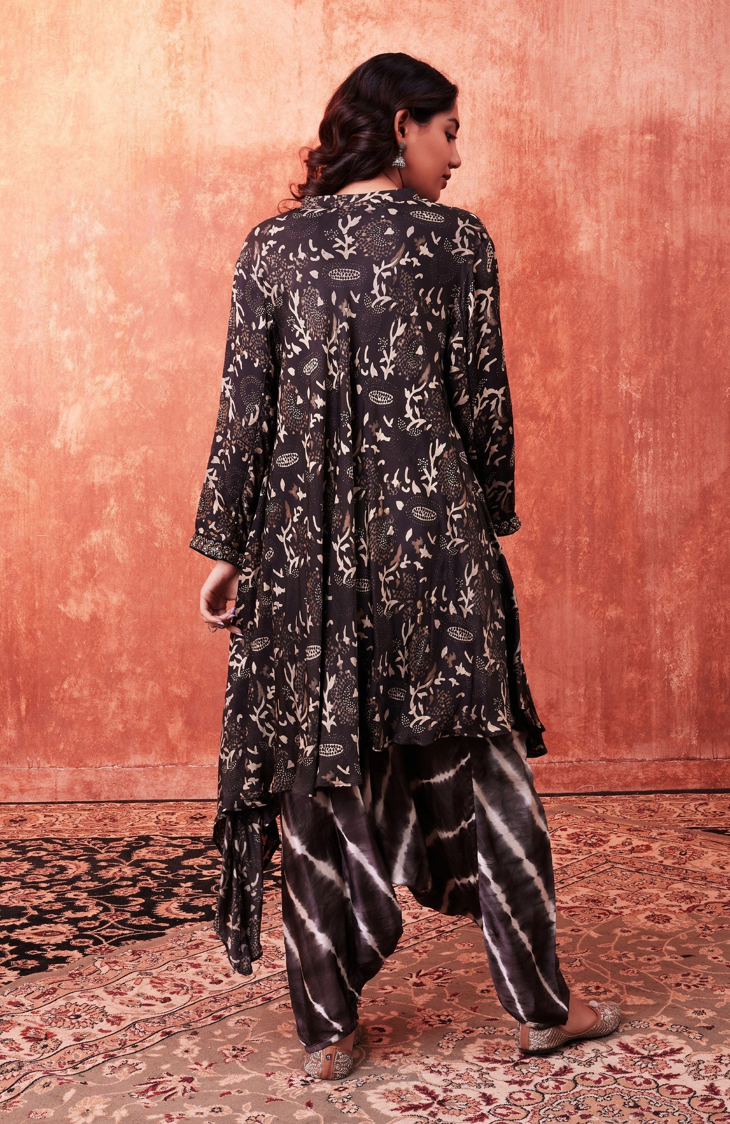 SummerFalling-Black Ajrakh Printed Habutai Silk Kurta Salwar Set
