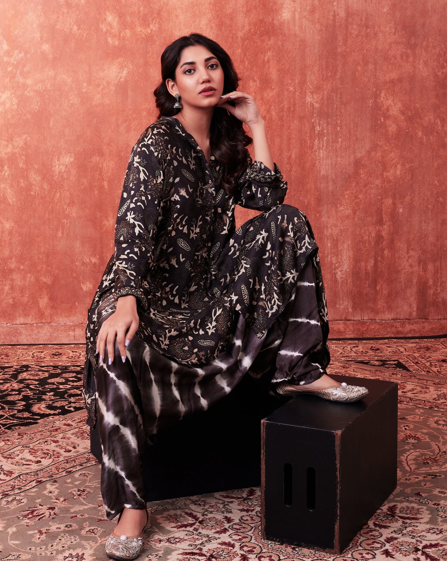 SummerFalling-Black Ajrakh Printed Habutai Silk Kurta Salwar Set