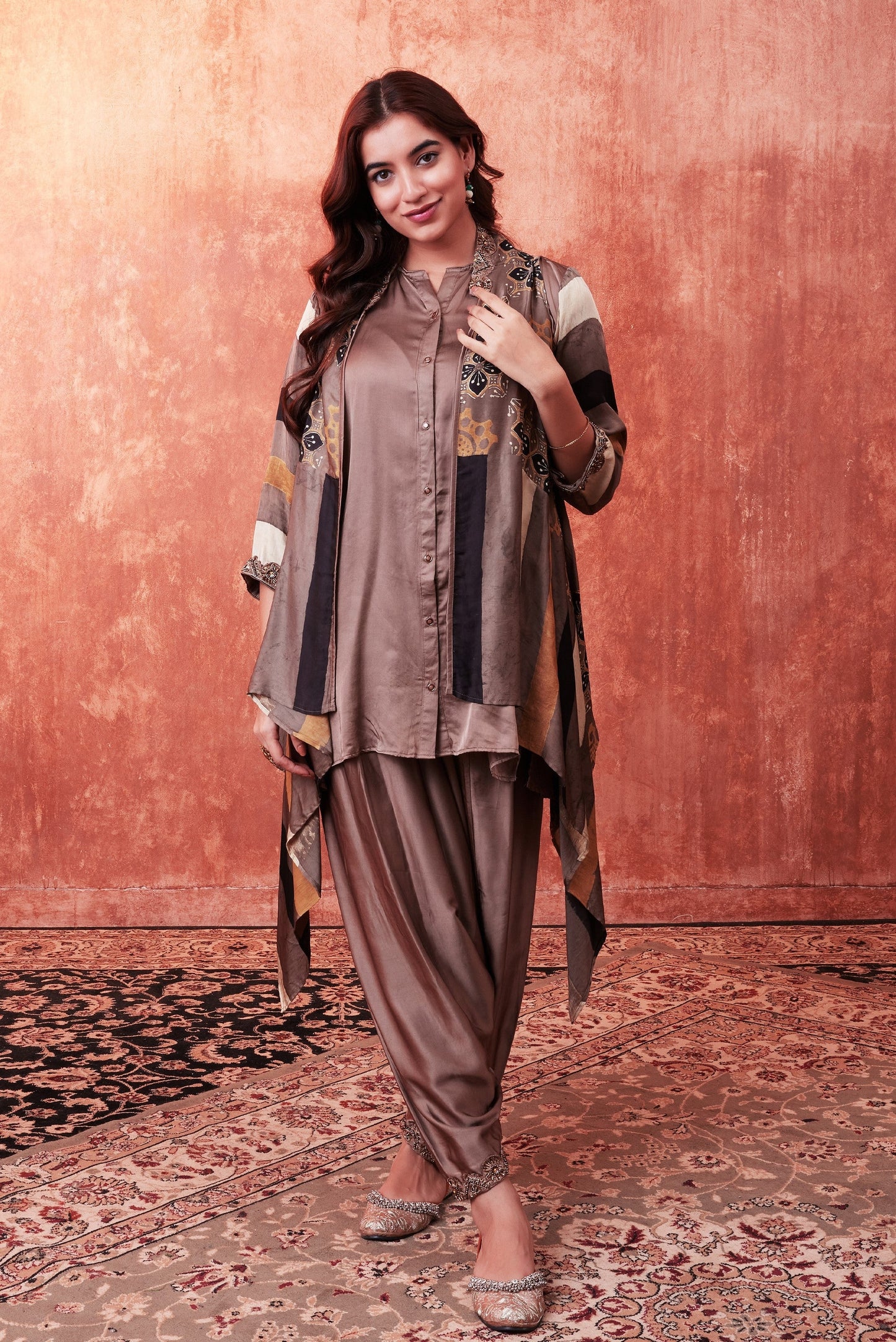 SummerFalling-Beige Ajrakh Printed Habutai Silk Cape Suit Set