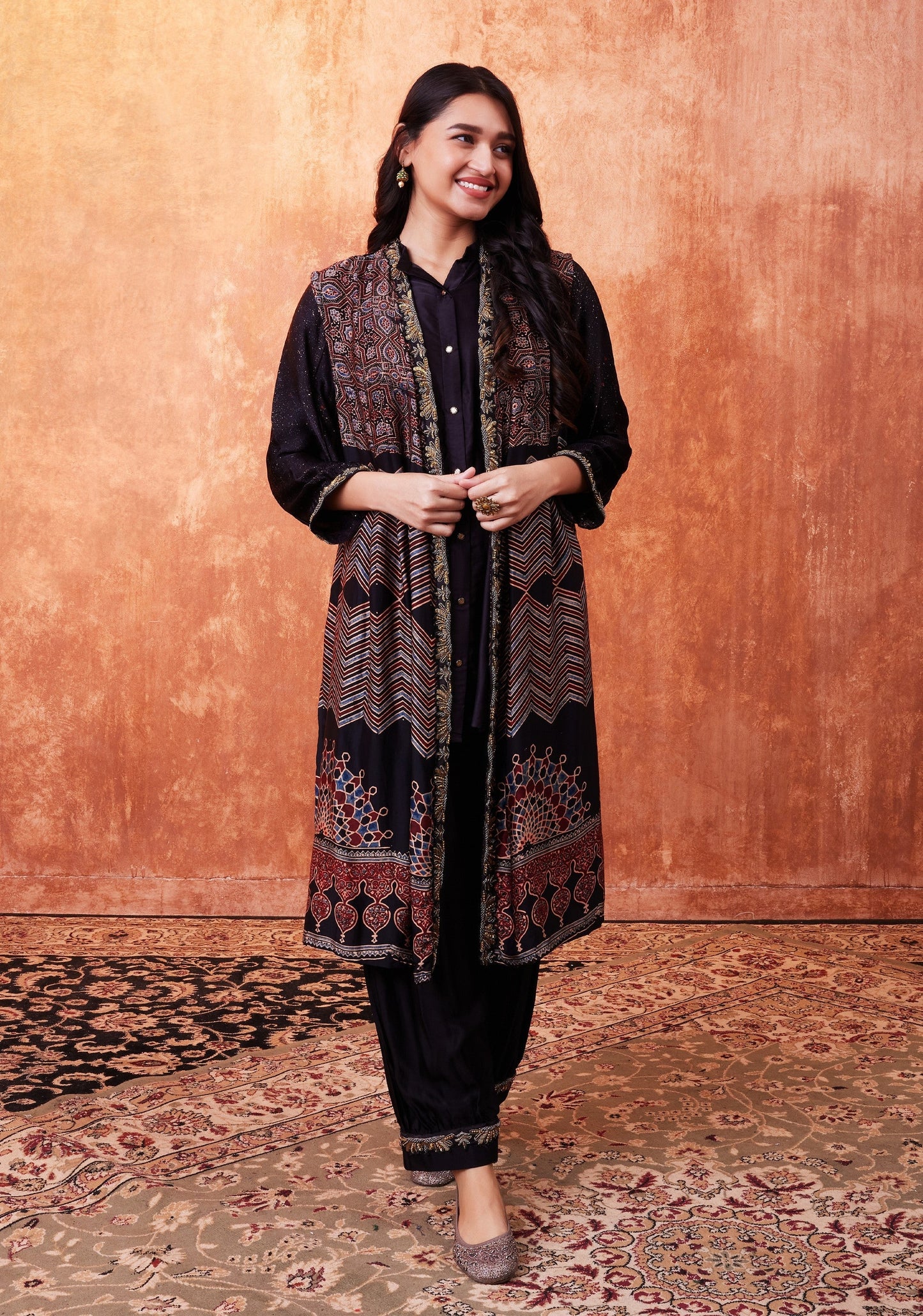 SummerFalling-Black Ajrakh Printed Habutai Silk Cape Co-Ord Set