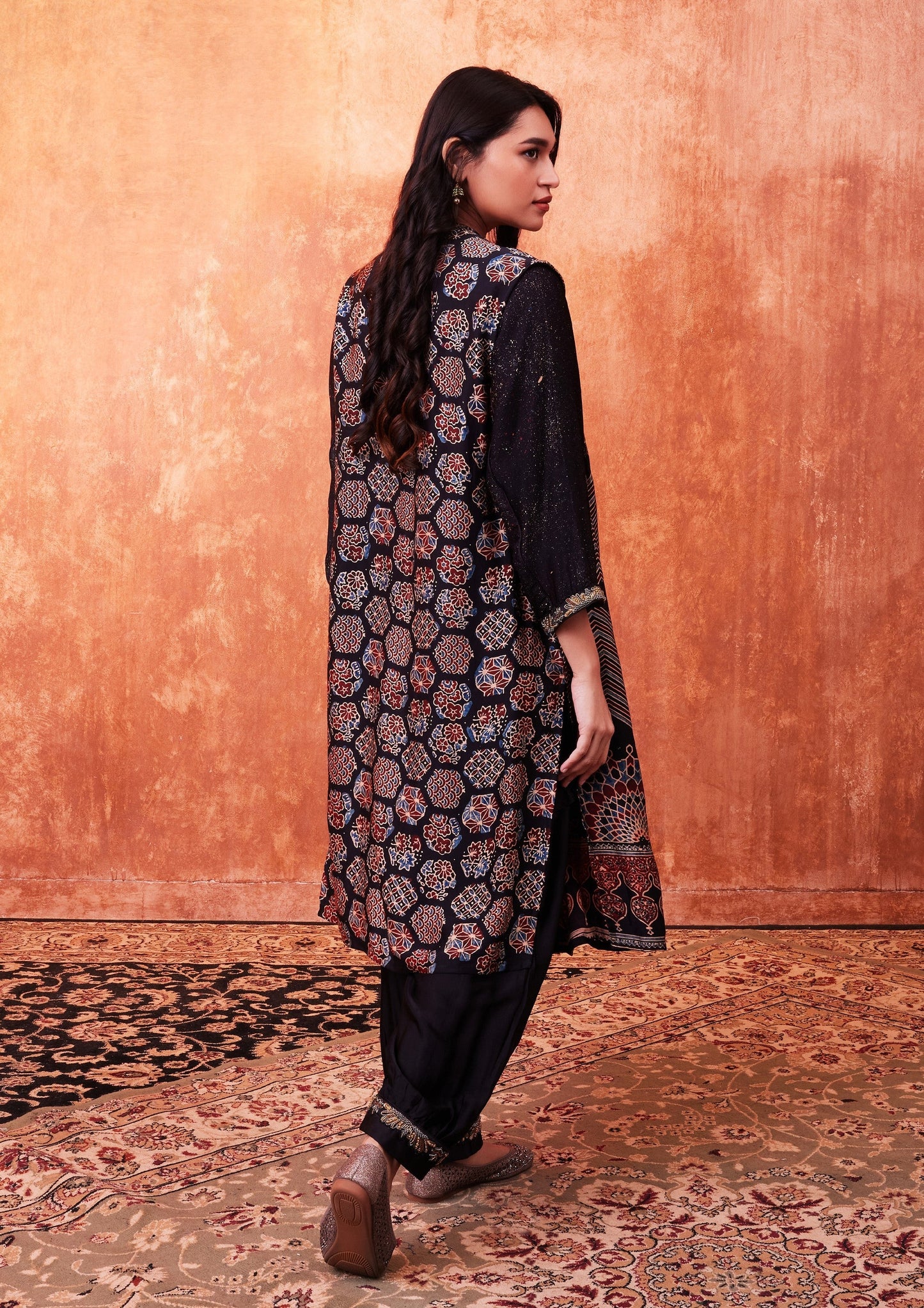 SummerFalling-Black Ajrakh Printed Habutai Silk Cape Co-Ord Set