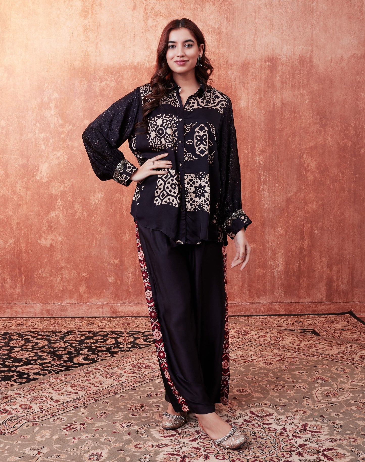 SummerFalling-Black Ajrakh Printed Habutai Silk Co-Ord Set