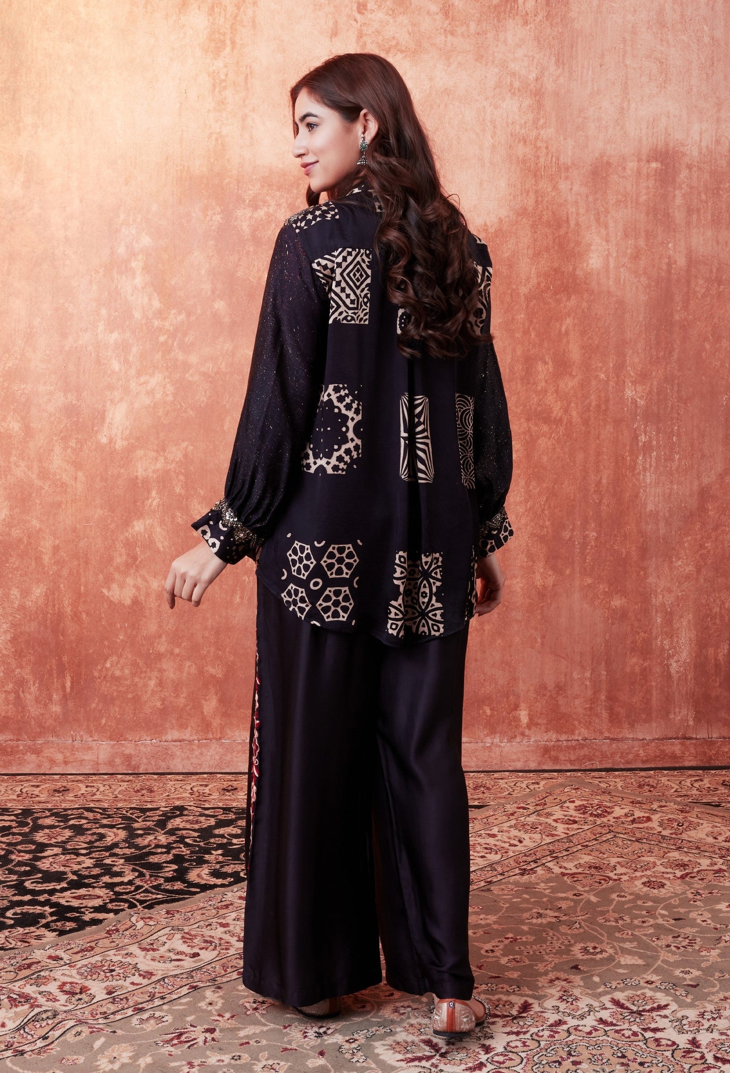 SummerFalling-Black Ajrakh Printed Habutai Silk Co-Ord Set