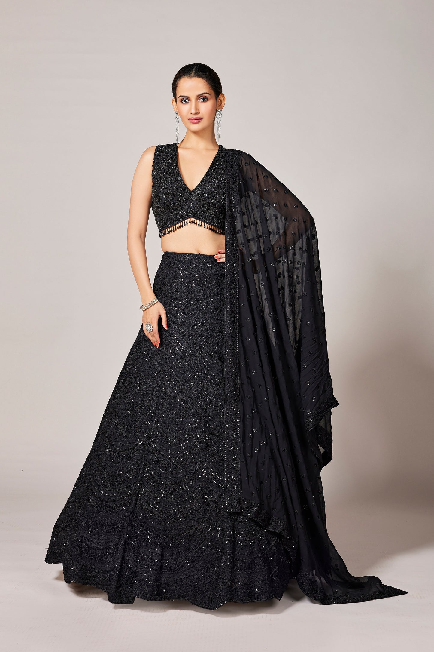 SummerFalling-Black Embellished Premium Georgette Silk Lehenga Set