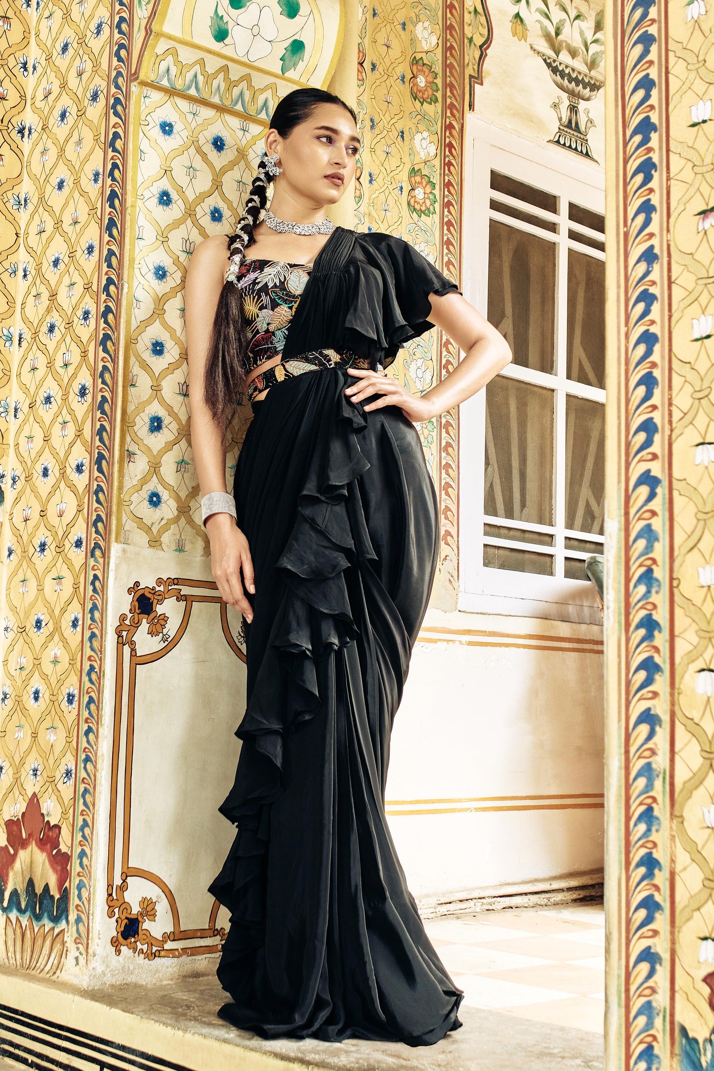 SummerFalling-Black Embellished Habutai Silk Draped Saree