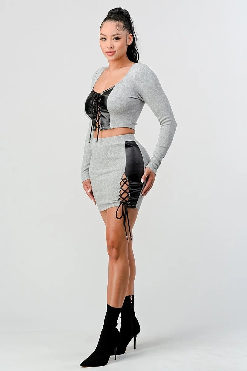 SummerFalling-2 Piece Set With Cropped Long Sleeve Shirt With Pu Leather Detail Matching Mini Skirt