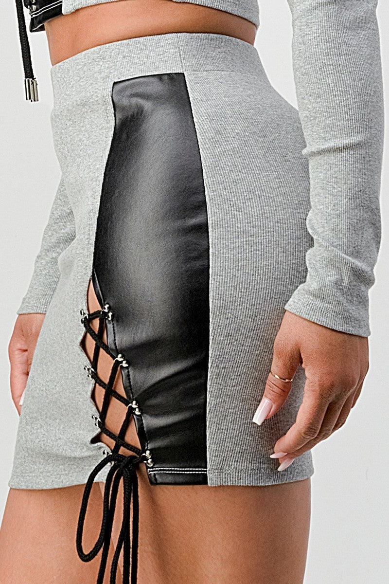 SummerFalling-2 Piece Set With Cropped Long Sleeve Shirt With Pu Leather Detail Matching Mini Skirt
