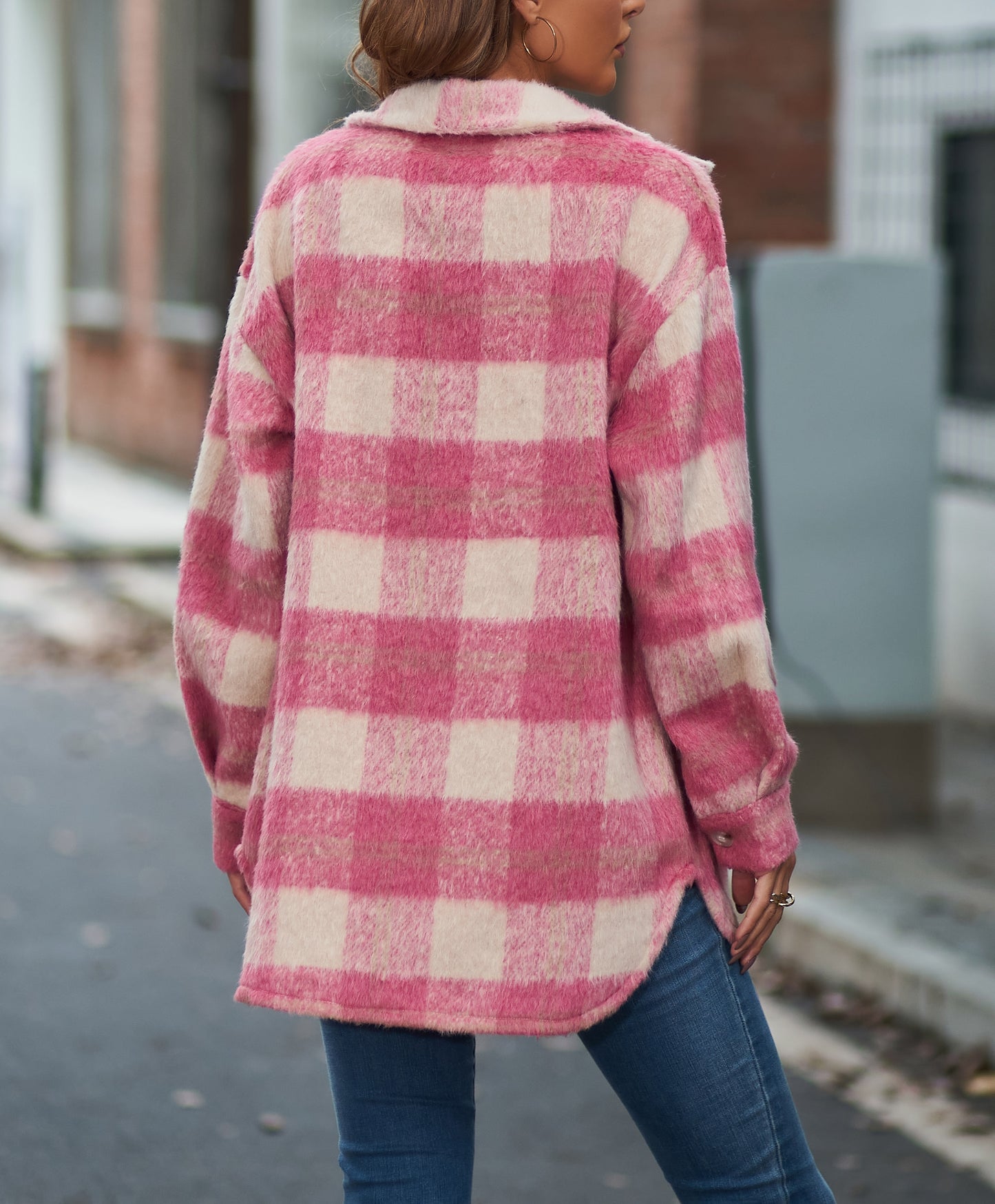 Women's Long Sleeve Mohair Woolen Thermal Shirt Jacket Plaid Fashion Cute Soft Outerwear