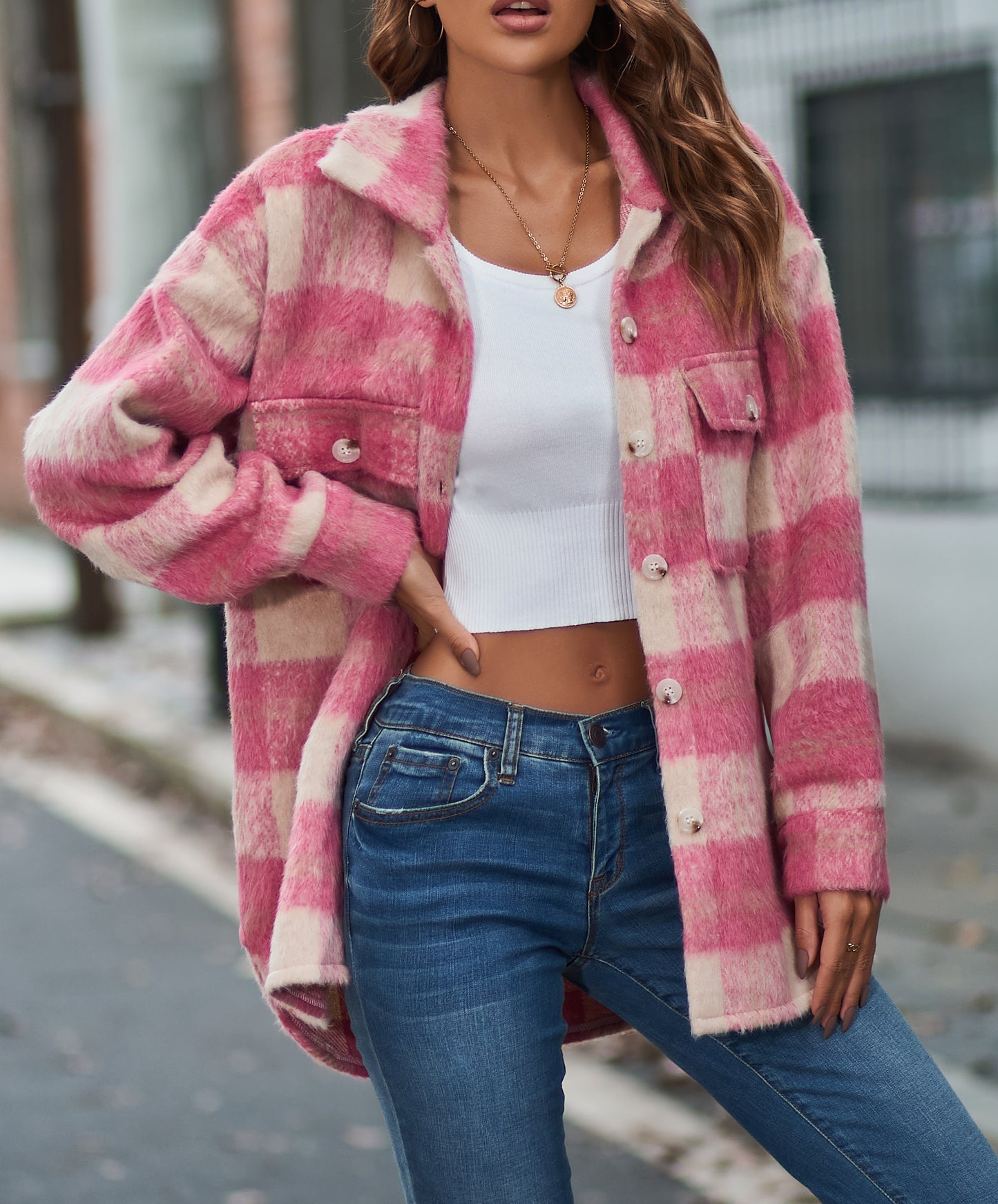 Women's Long Sleeve Mohair Woolen Thermal Shirt Jacket Plaid Fashion Cute Soft Outerwear