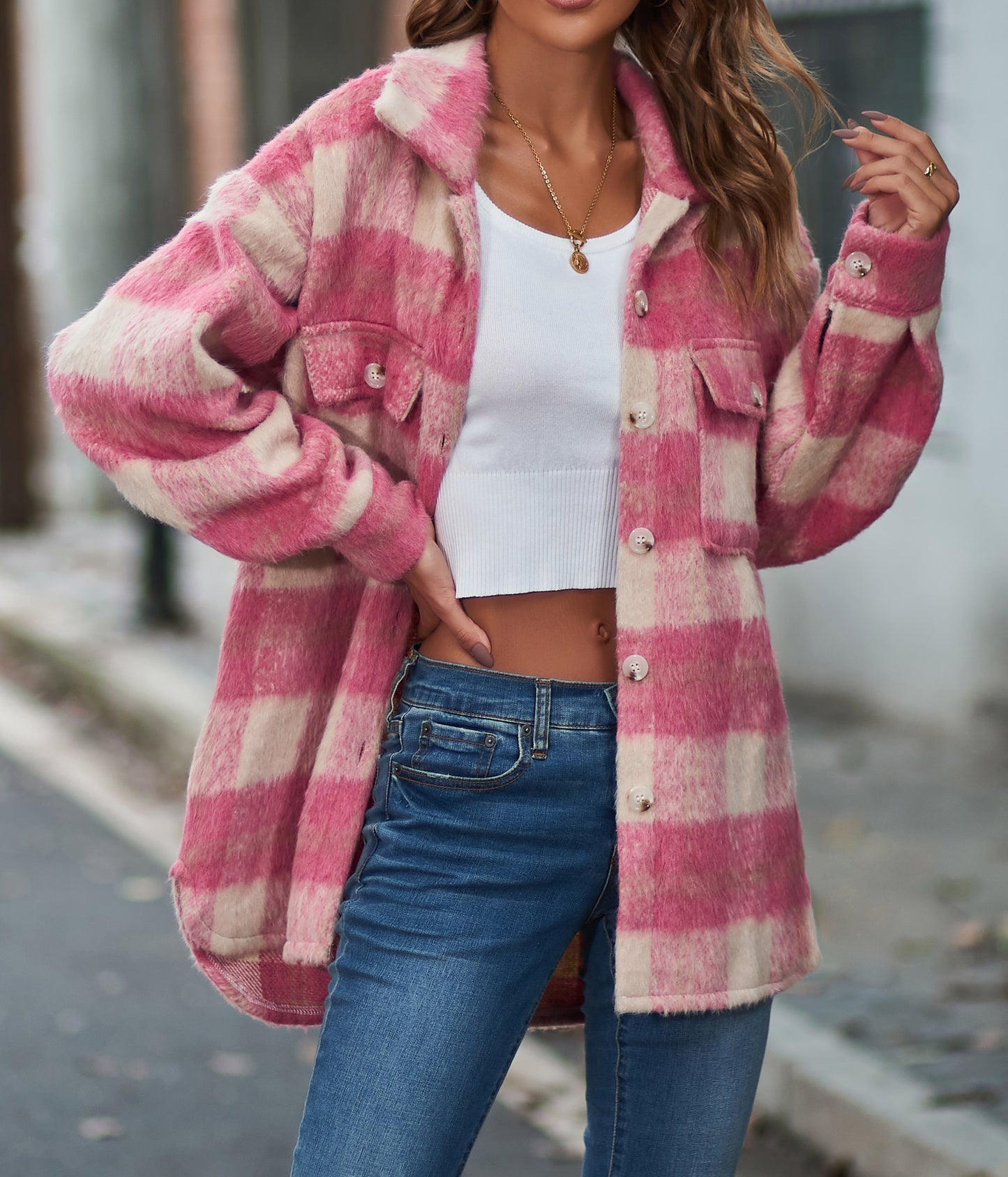 Women's Long Sleeve Mohair Woolen Thermal Shirt Jacket Plaid Fashion Cute Soft Outerwear