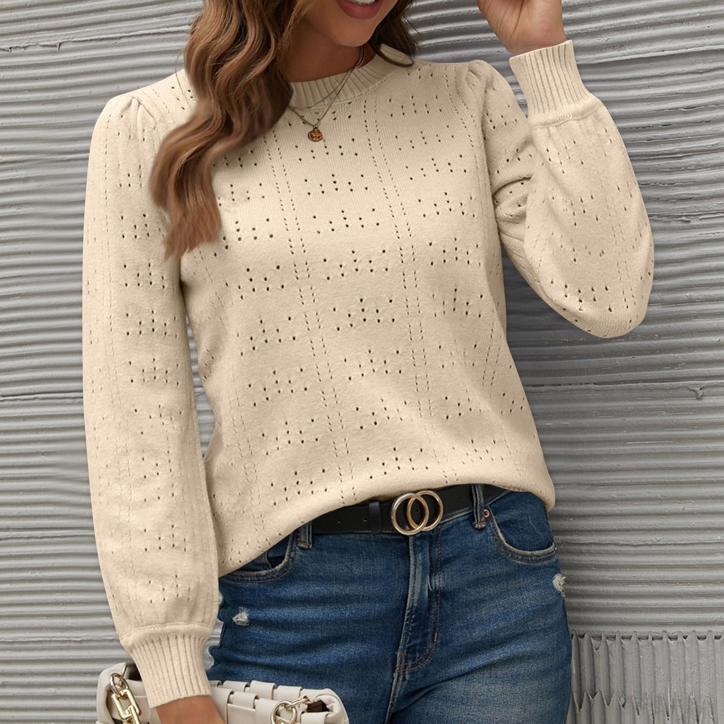 Sweaters For Women Long Sleeve Hollow Sweaters Plain Knit Sweaters Crew Neck Sweaters