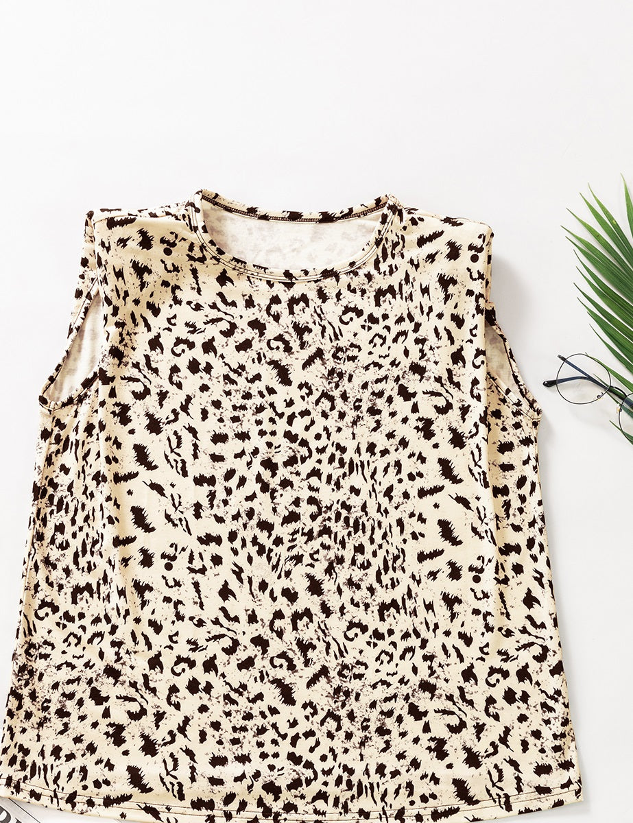Beige Leopard Print Boxy Fit Sleeveless Top