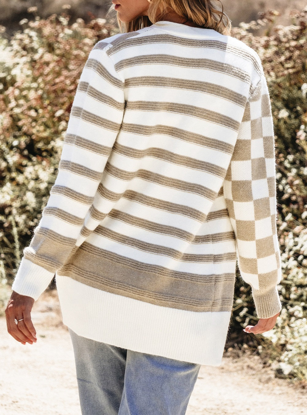 Smoke Gray Gingham Striped Knitted Open Front Cardigan