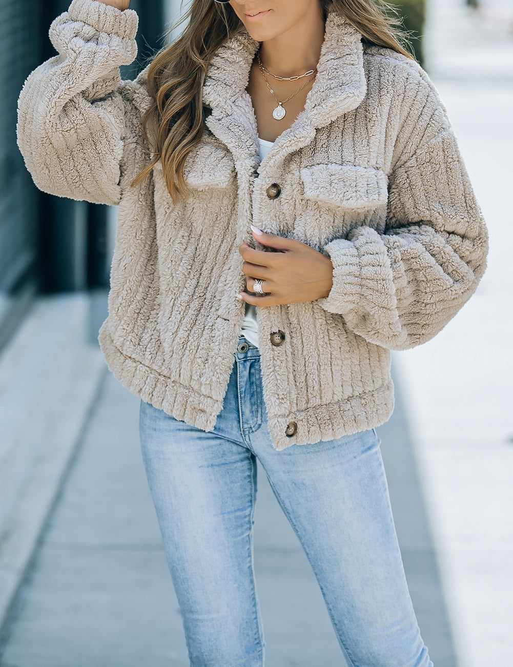 Khaki Solid Color Plush Fleece Button Up Jacket