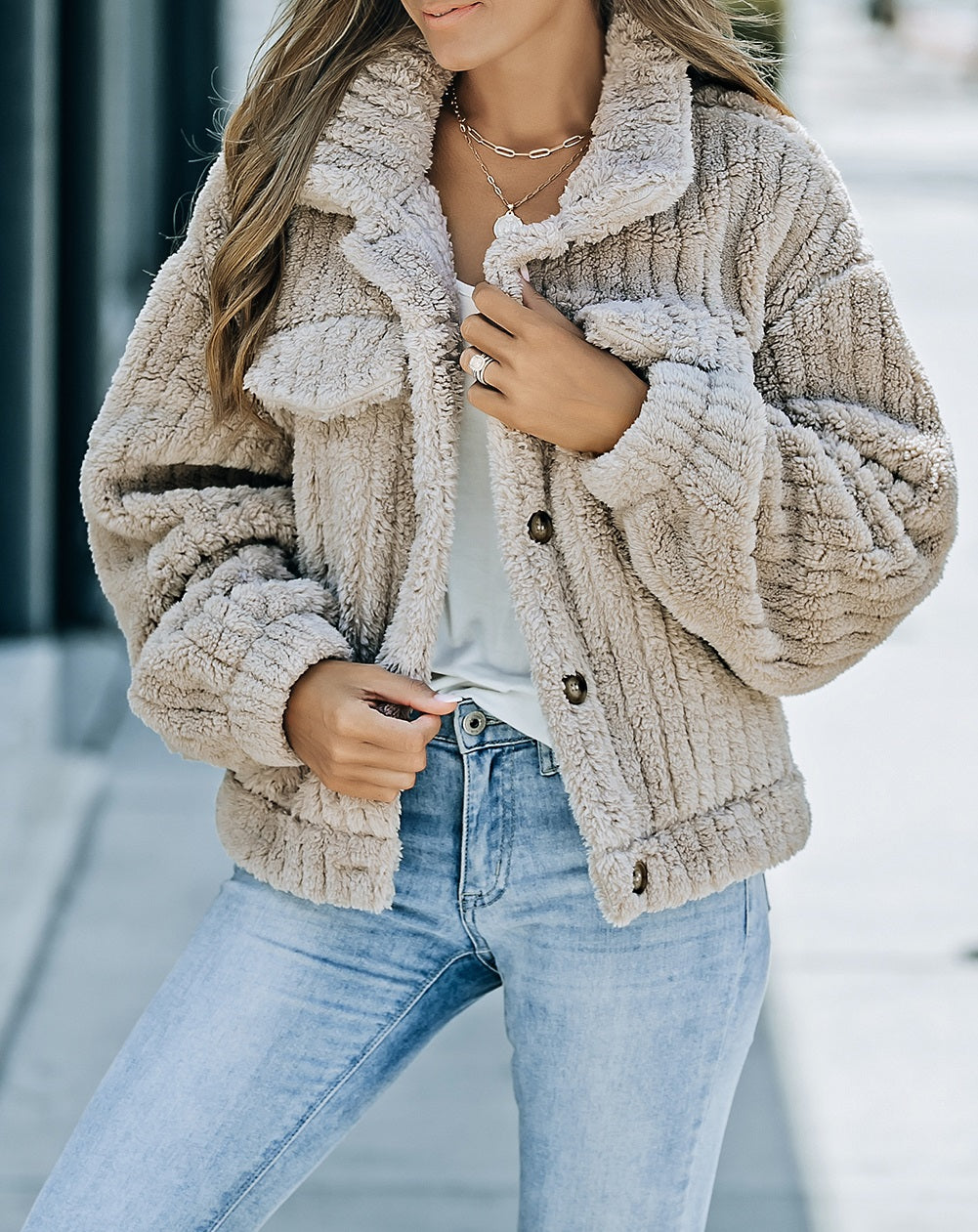 Khaki Solid Color Plush Fleece Button Up Jacket