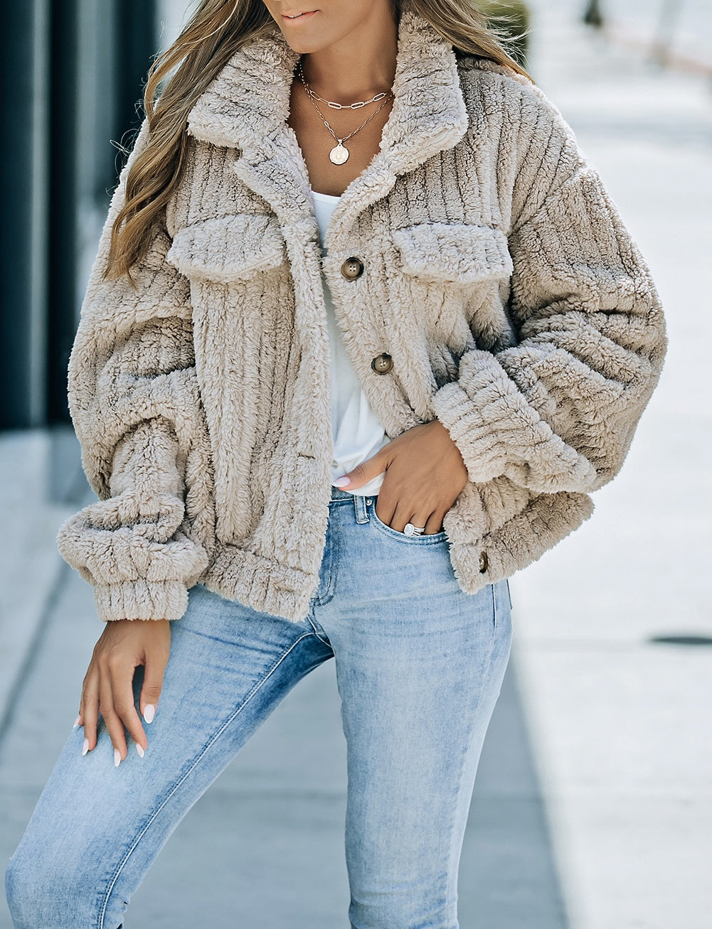 Khaki Solid Color Plush Fleece Button Up Jacket