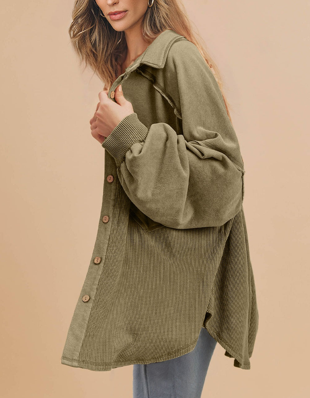 Waffle Knit Patchwork Buttoned Oversized Shacket