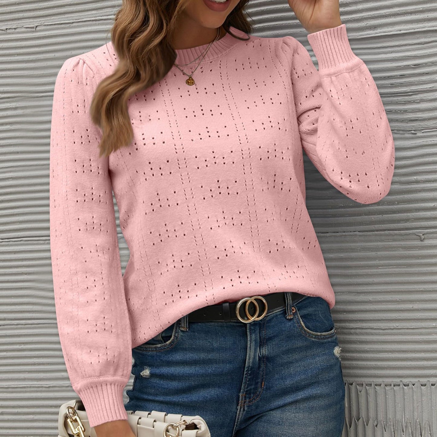 Sweaters For Women Long Sleeve Hollow Sweaters Plain Knit Sweaters Crew Neck Sweaters