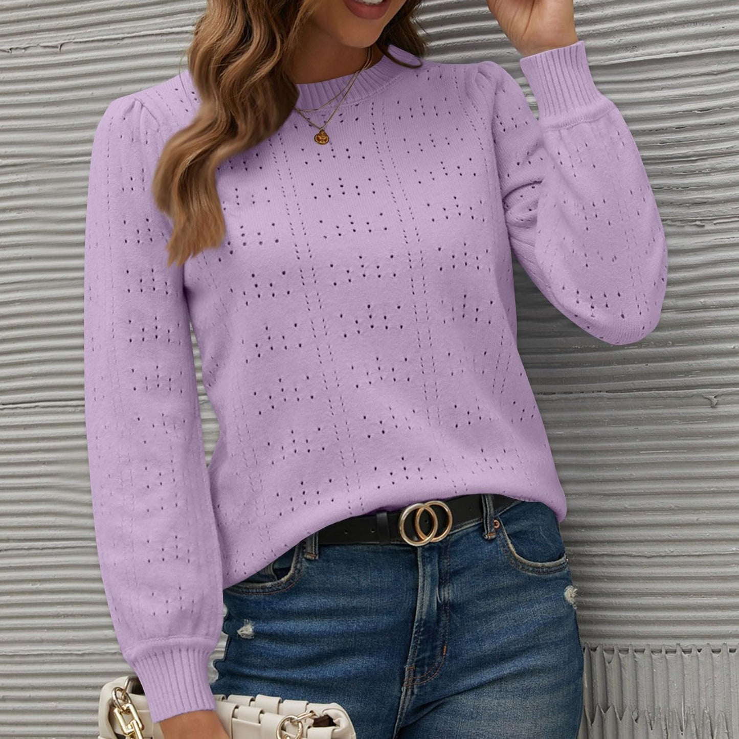 Sweaters For Women Long Sleeve Hollow Sweaters Plain Knit Sweaters Crew Neck Sweaters
