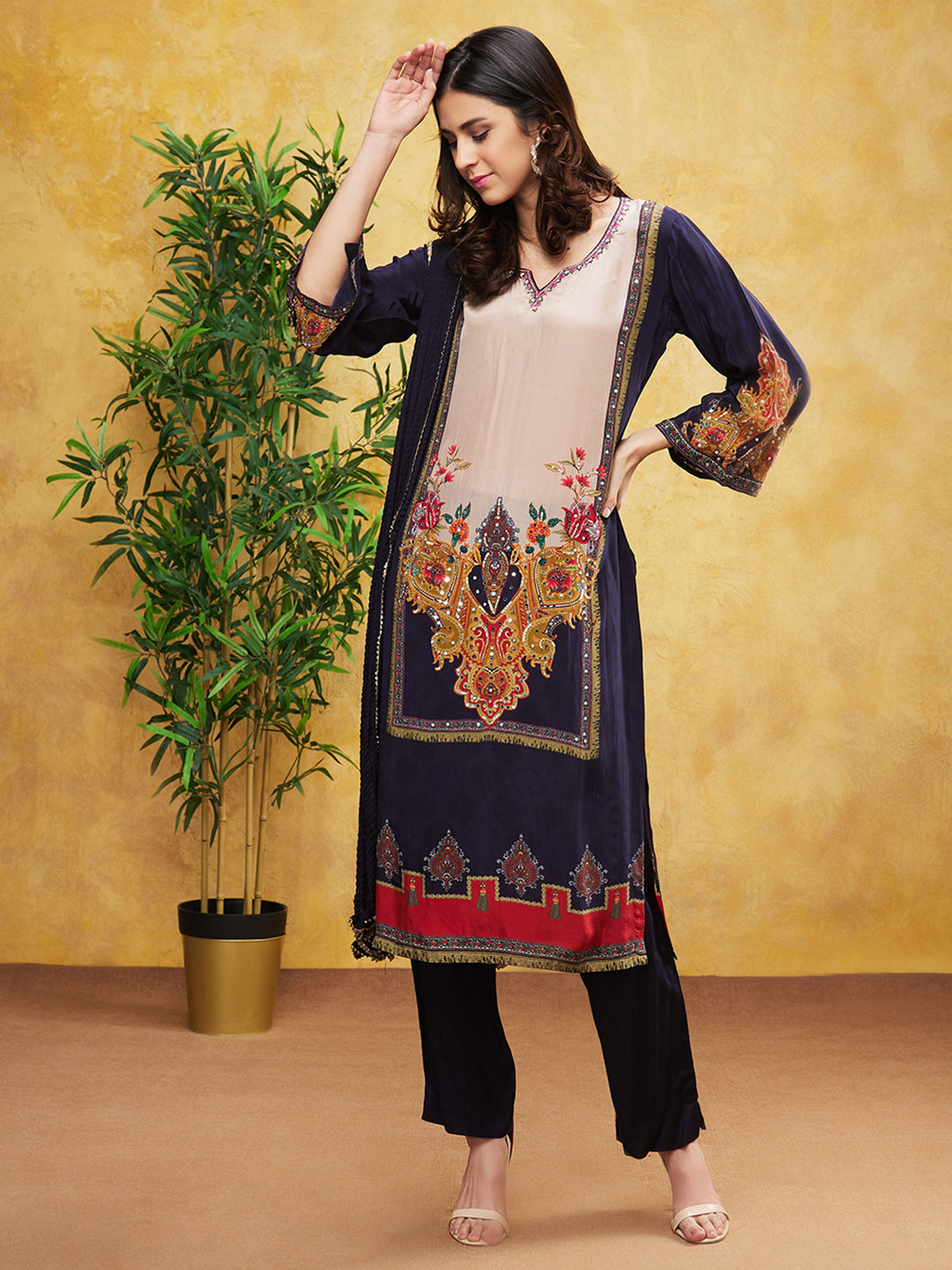 SummerFalling-Black Digital Printed Premium Silk Pants Set