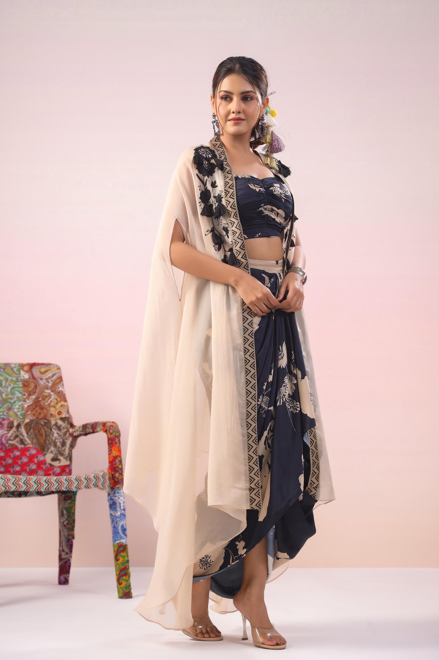 SummerFalling-Black Digital Printed Premium Organza Silk Cape Set