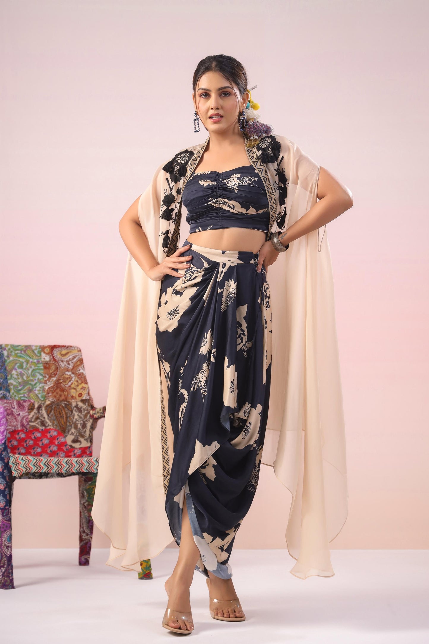 SummerFalling-Black Digital Printed Premium Organza Silk Cape Set