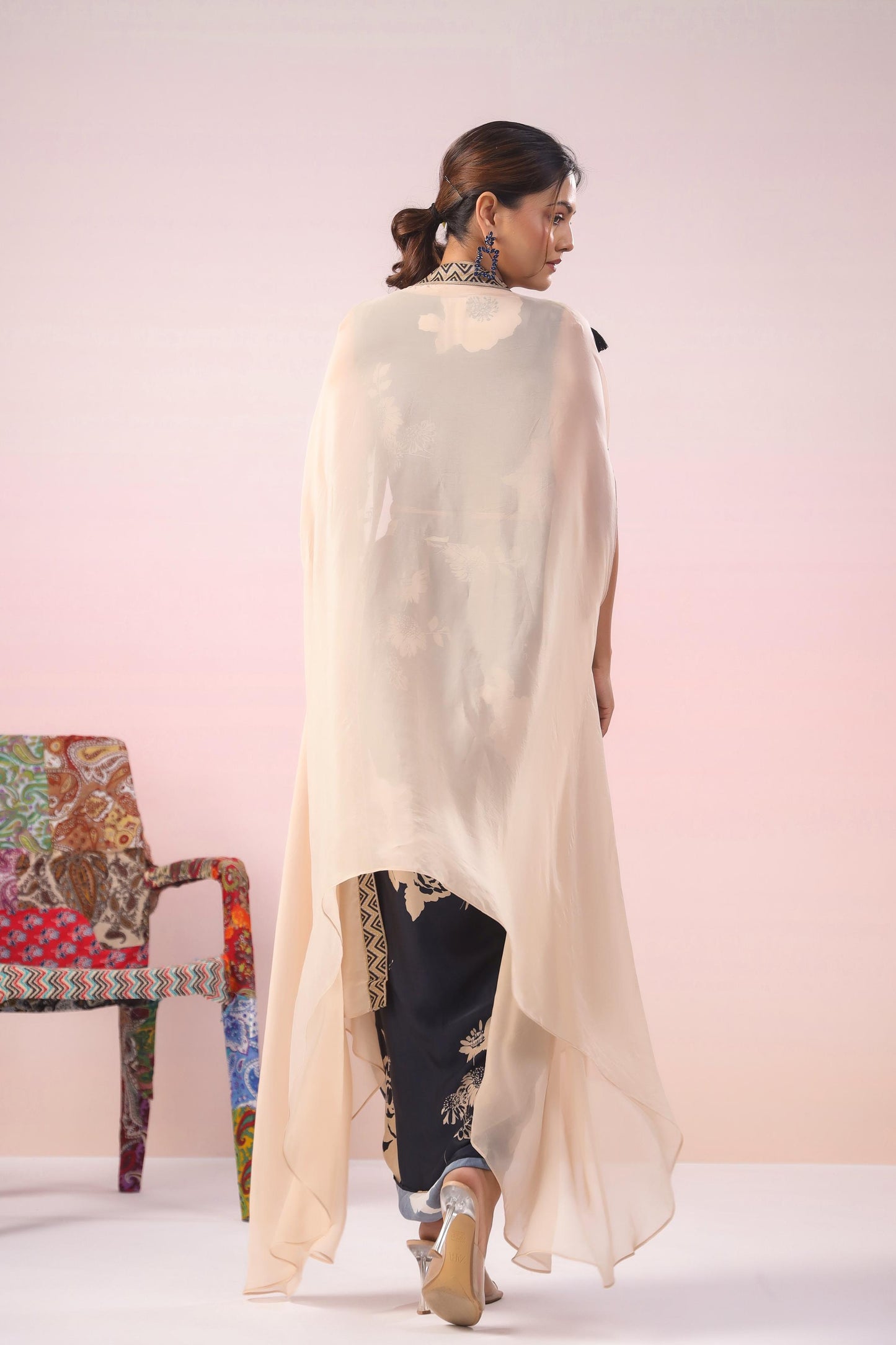 SummerFalling-Black Digital Printed Premium Organza Silk Cape Set