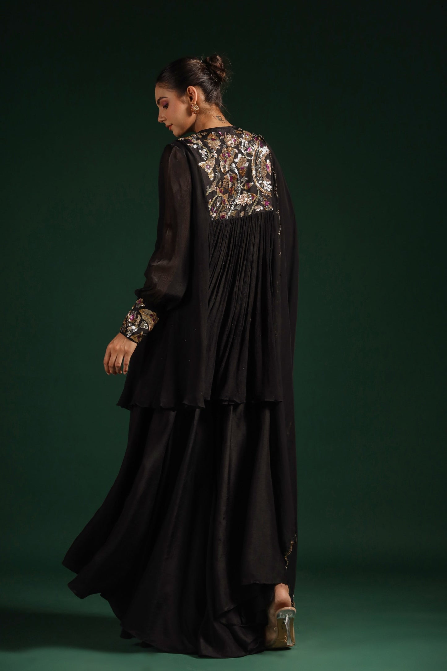 SummerFalling-Black Embellished Premium Chinon Silk Skirt Set