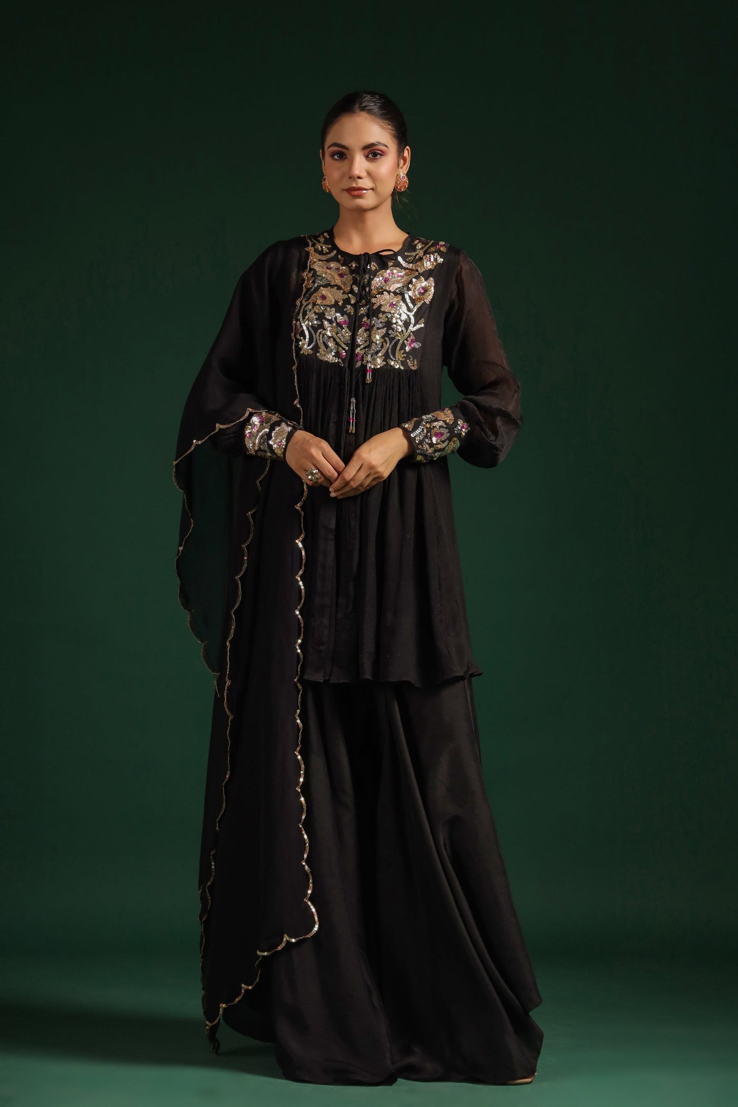 SummerFalling-Black Embellished Premium Chinon Silk Skirt Set