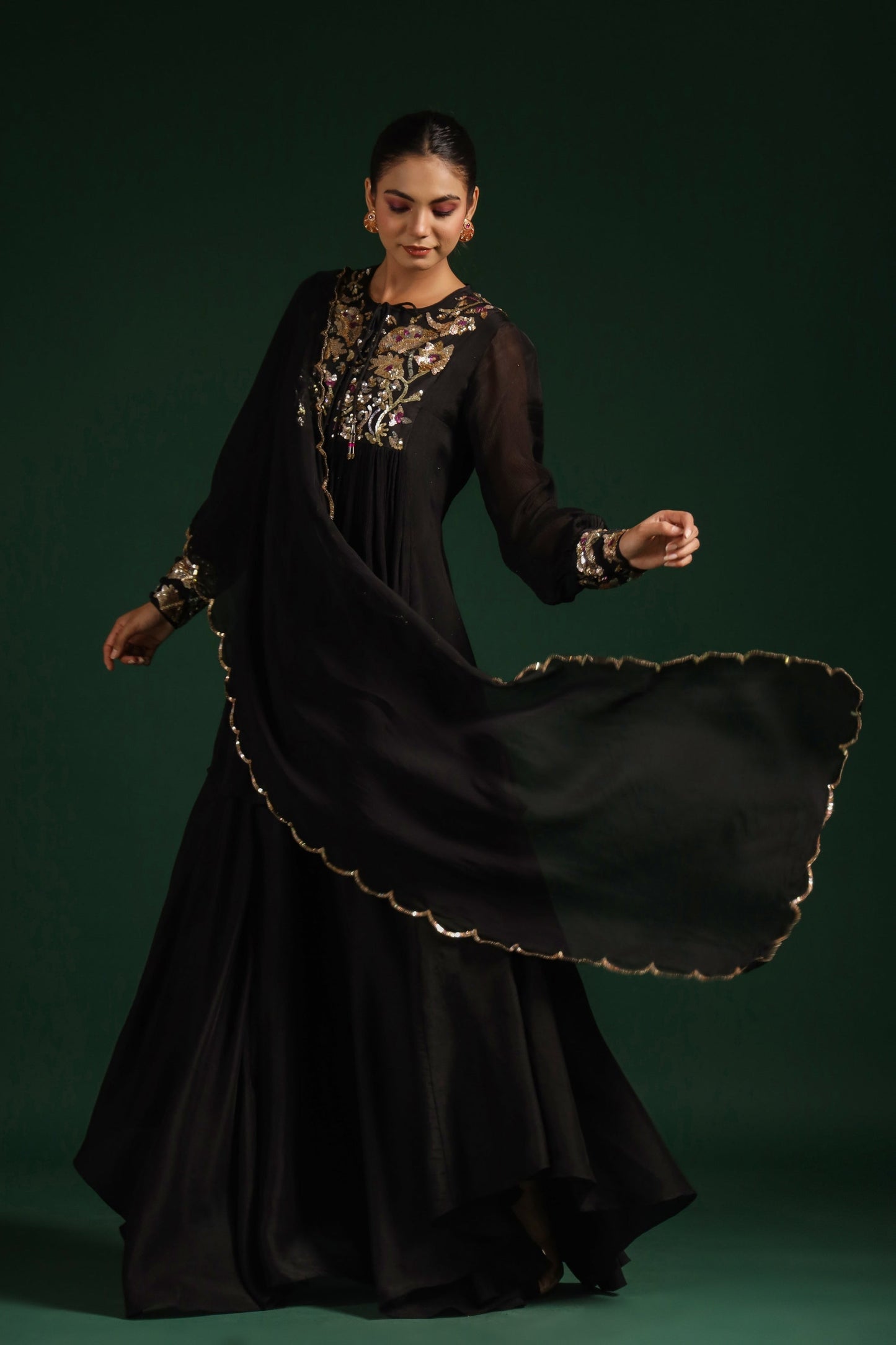SummerFalling-Black Embellished Premium Chinon Silk Skirt Set