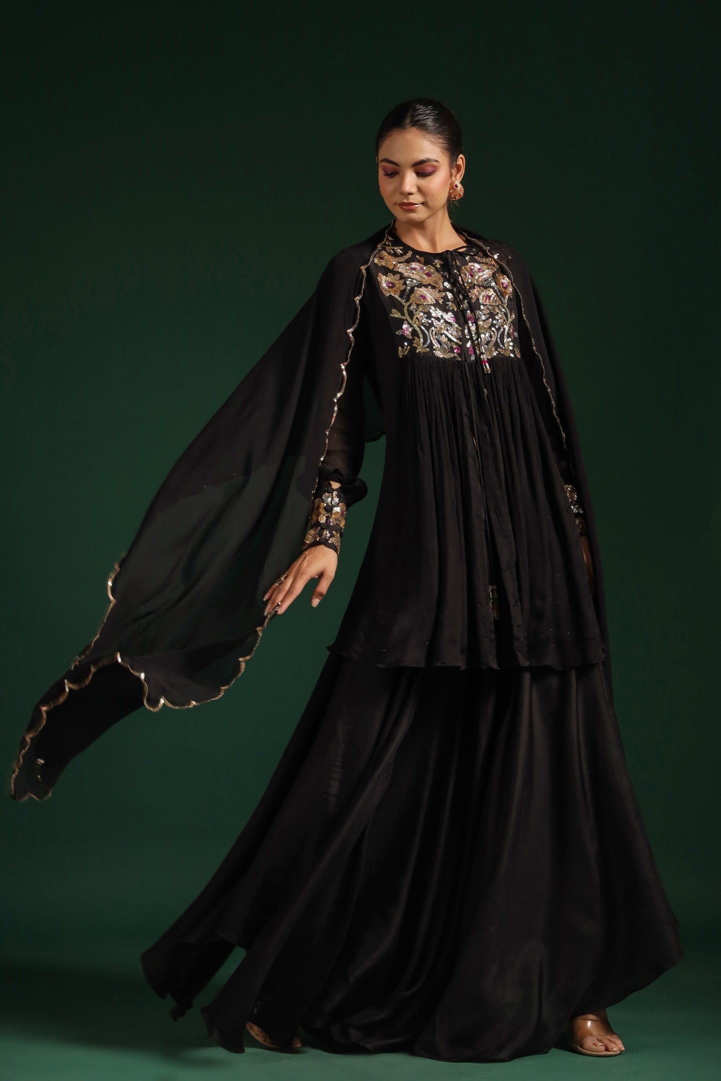 SummerFalling-Black Embellished Premium Chinon Silk Skirt Set